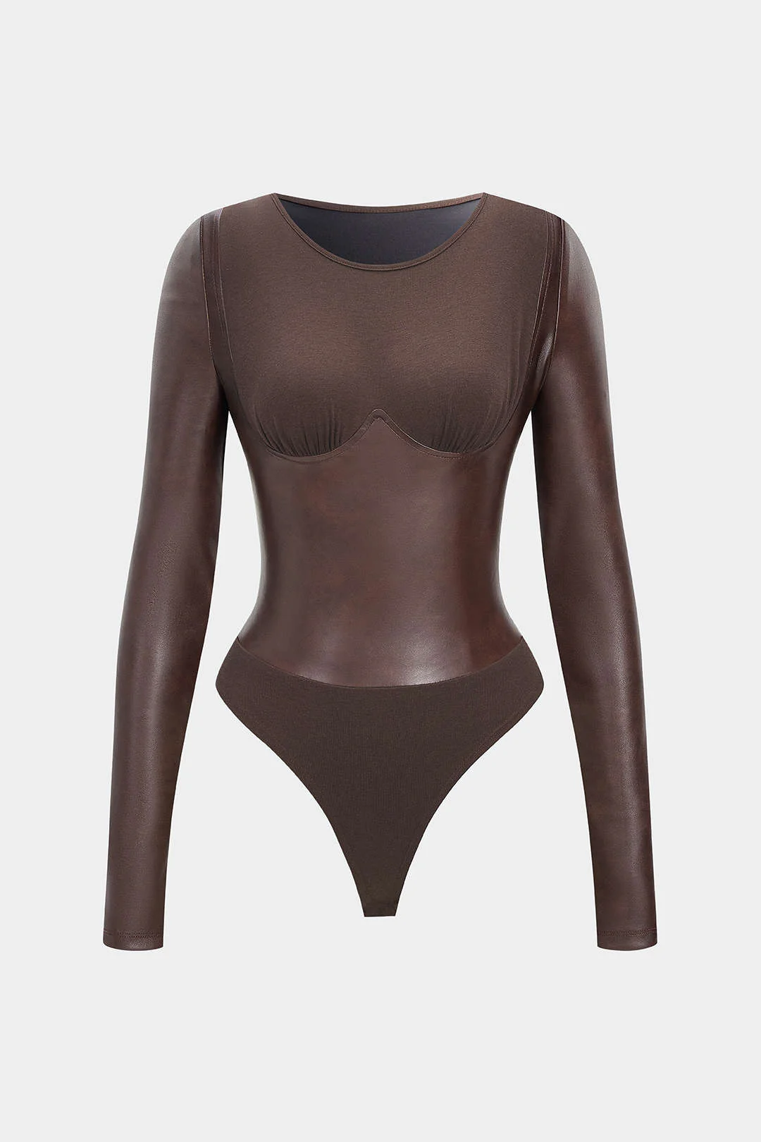Faux Leather Patchwork Round Neck Long Sleeve Bodysuit - Image 6