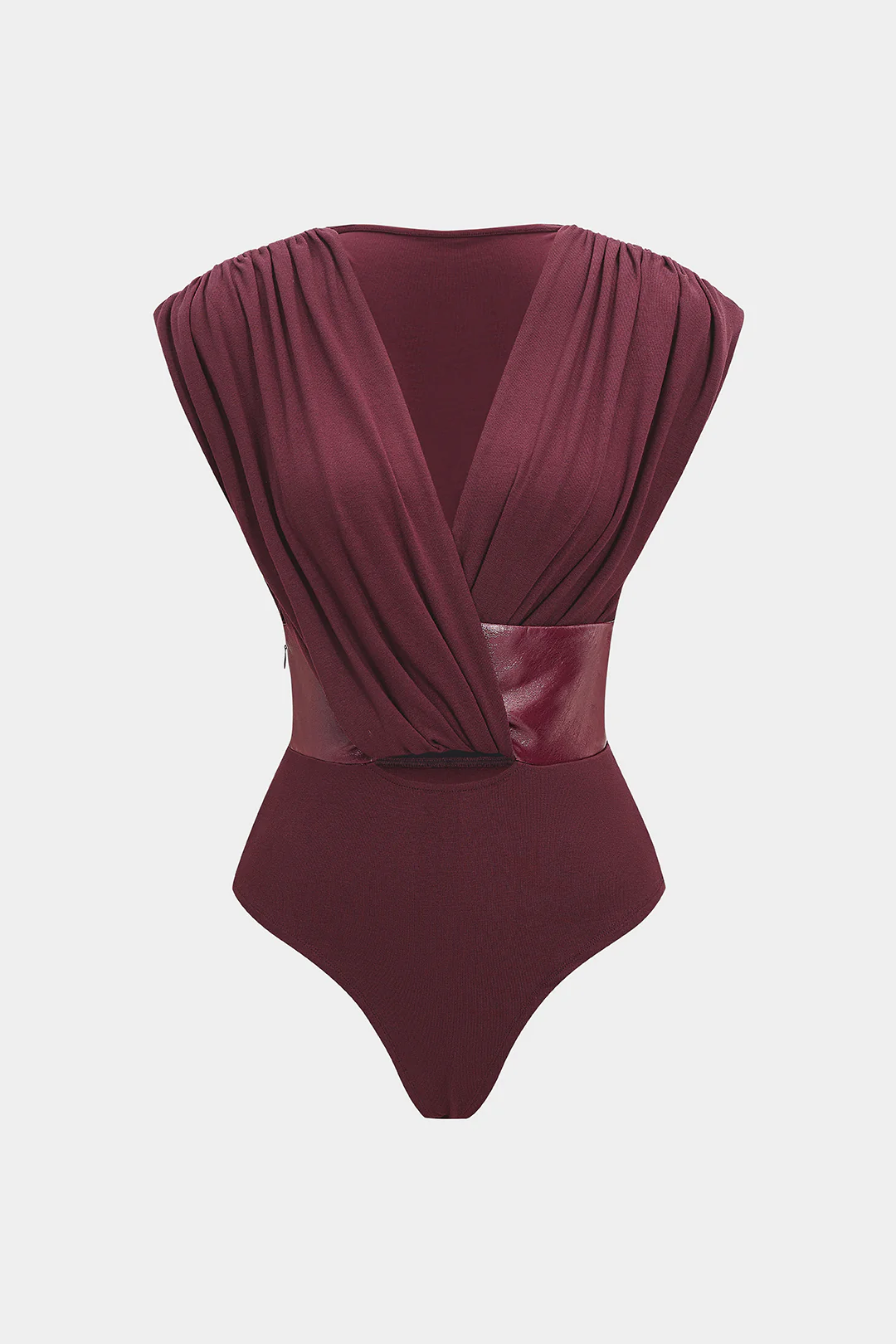 Faux Leather Patchwork V-Neck Hollow Out Sleeveless Bodysuit