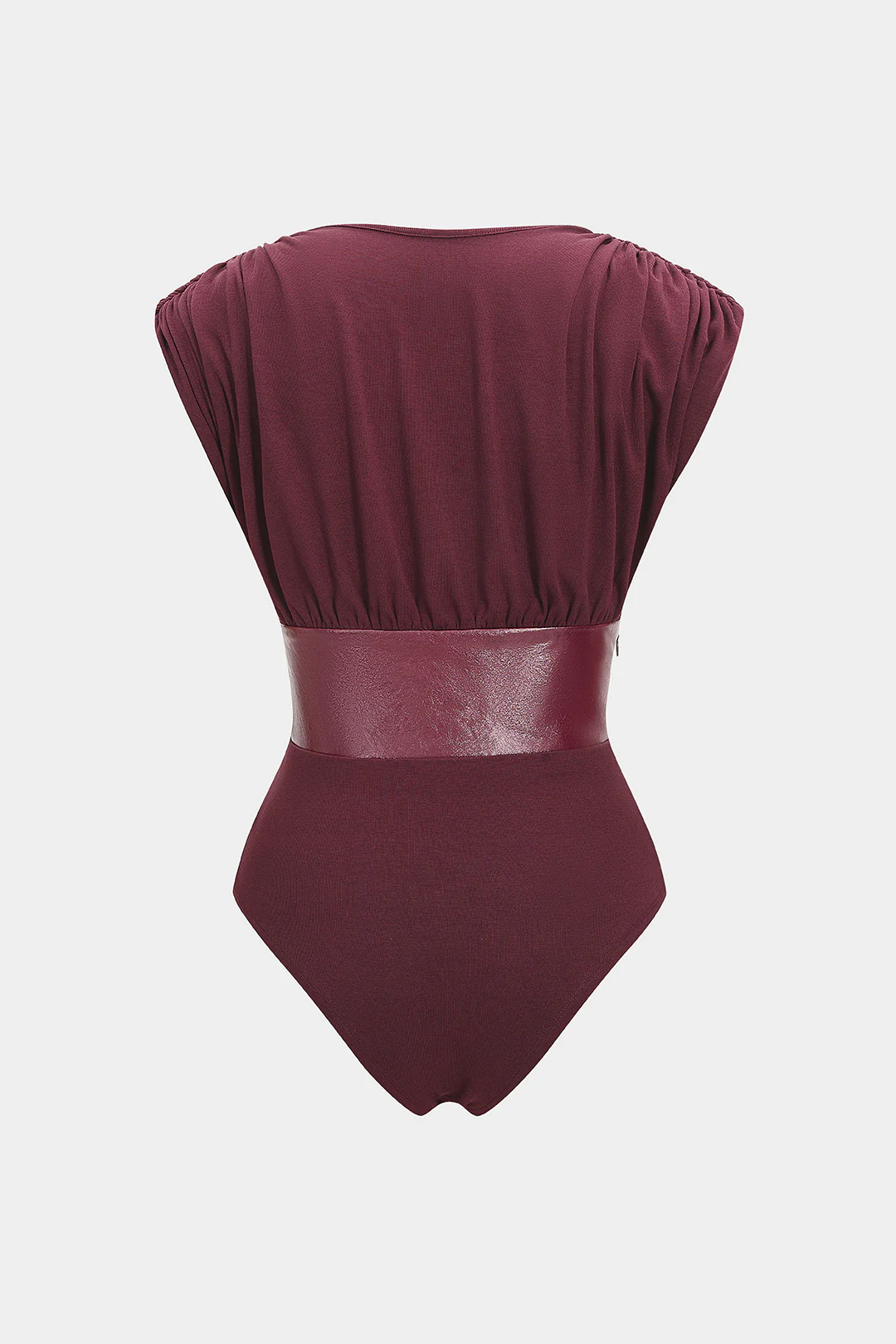 Faux Leather Patchwork V-Neck Hollow Out Sleeveless Bodysuit - Image 2