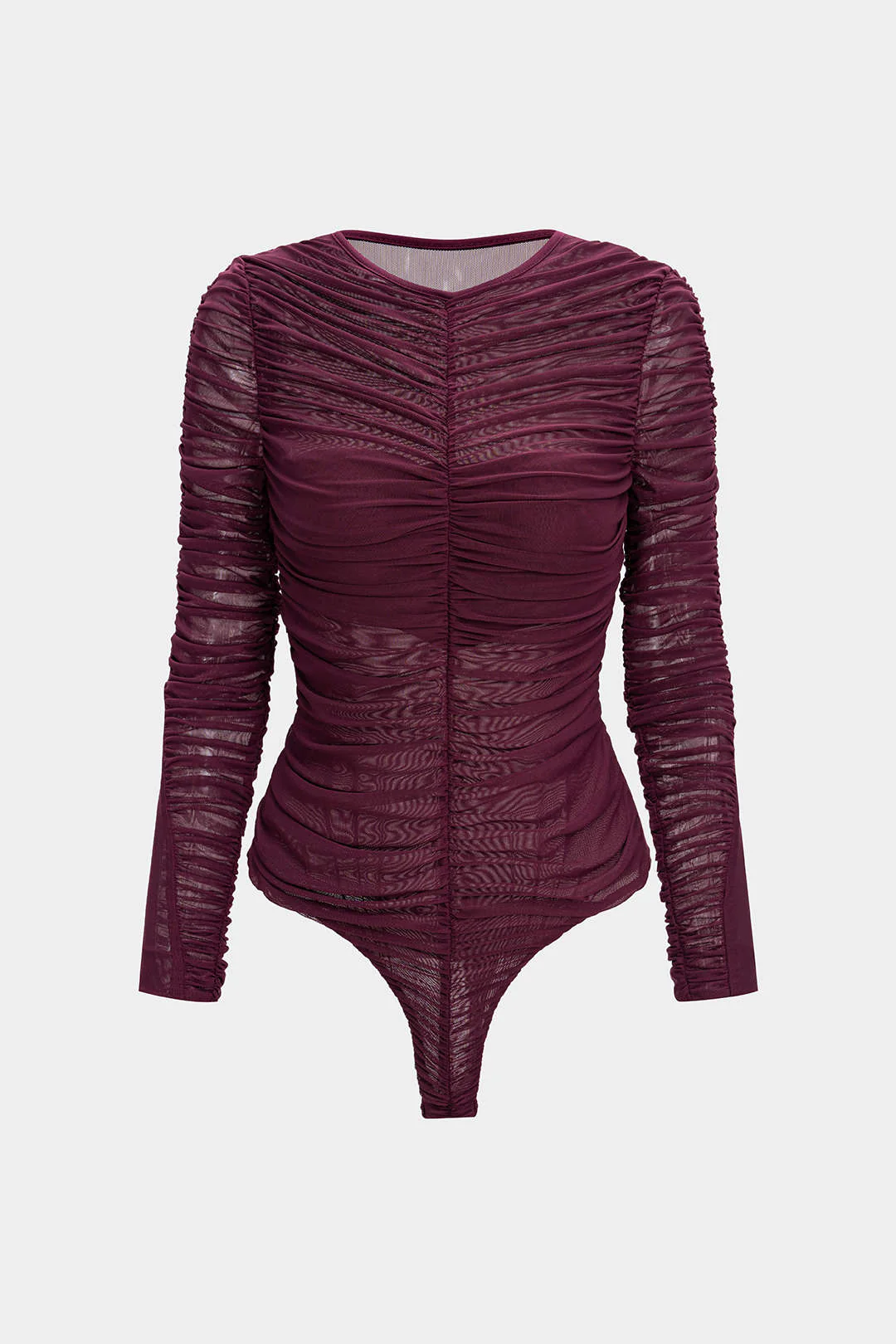 Mesh Round Neck Ruched Long-Sleeve Bodysuit