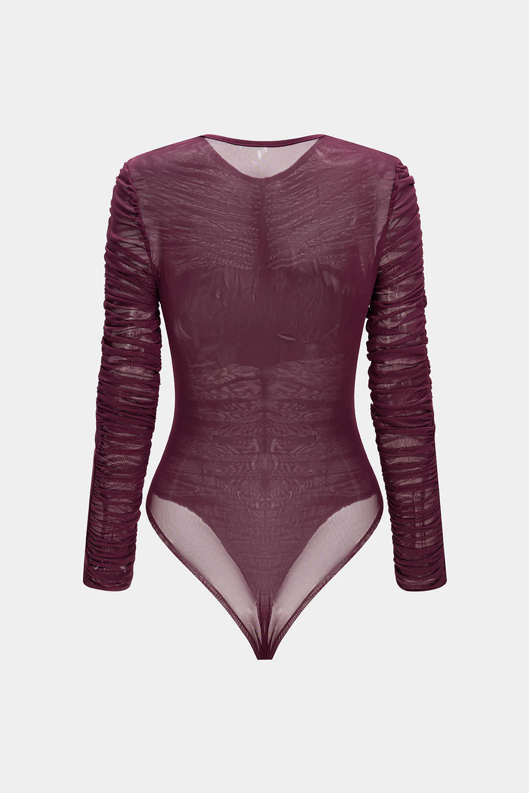 Mesh Round Neck Ruched Long-Sleeve Bodysuit - Image 2