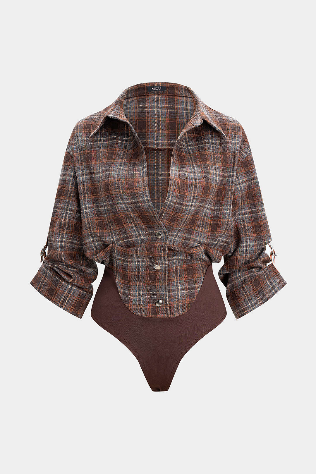 Plaid Print V-Neck Long Sleeve Bodysuit