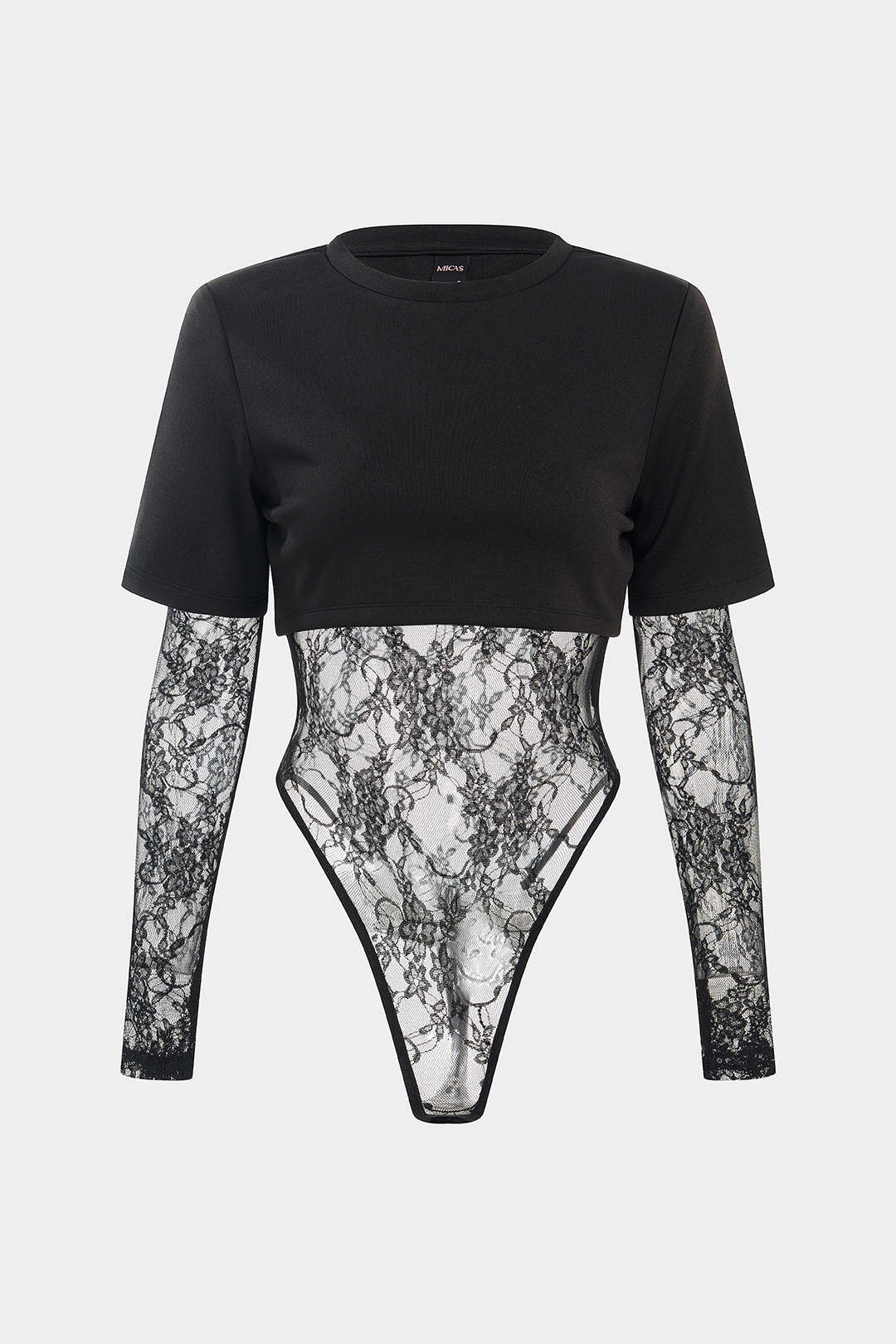 Lace Patchwork Round Neck Long Sleeve Bodysuit - Image 6