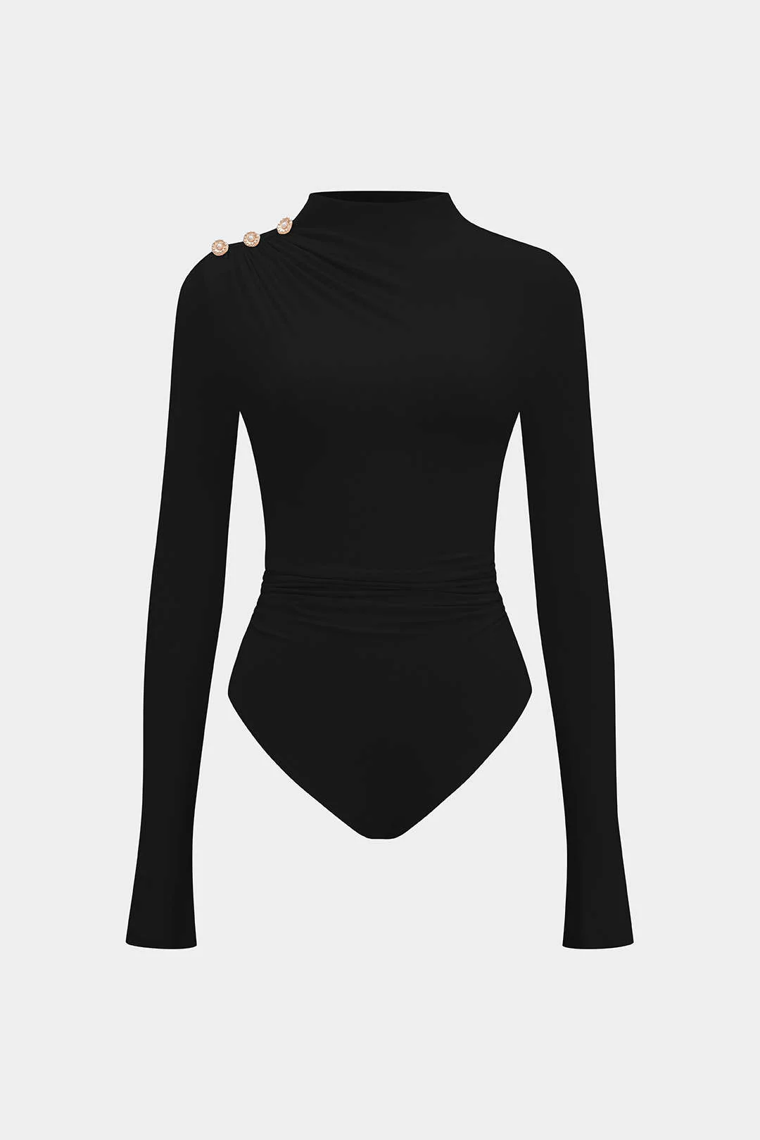 Asymmetrical Button Ruched Long Sleeve Bodysuit - Image 11
