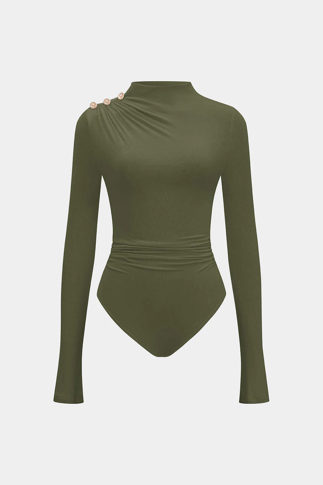 Asymmetrical Button Ruched Long Sleeve Bodysuit - Image 13