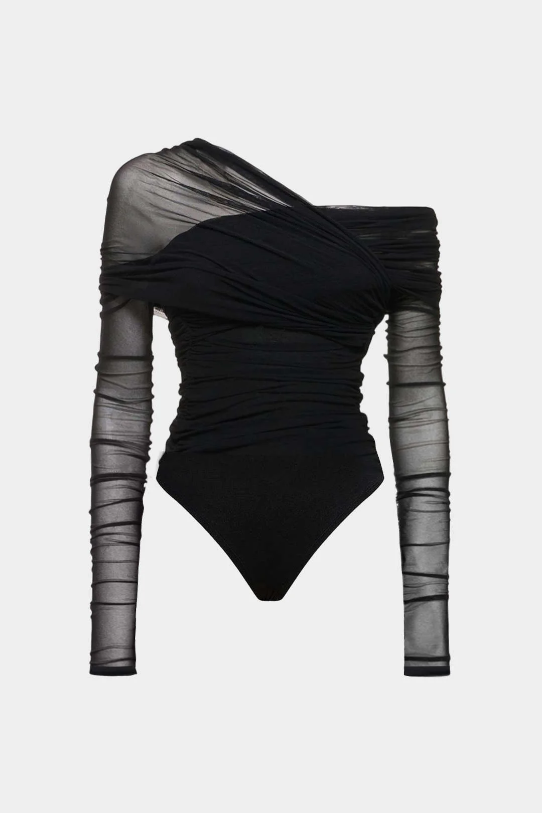 Mesh Ruched One Shoulder Asymmetrical Corssed Ruched Bodysuit - Image 2