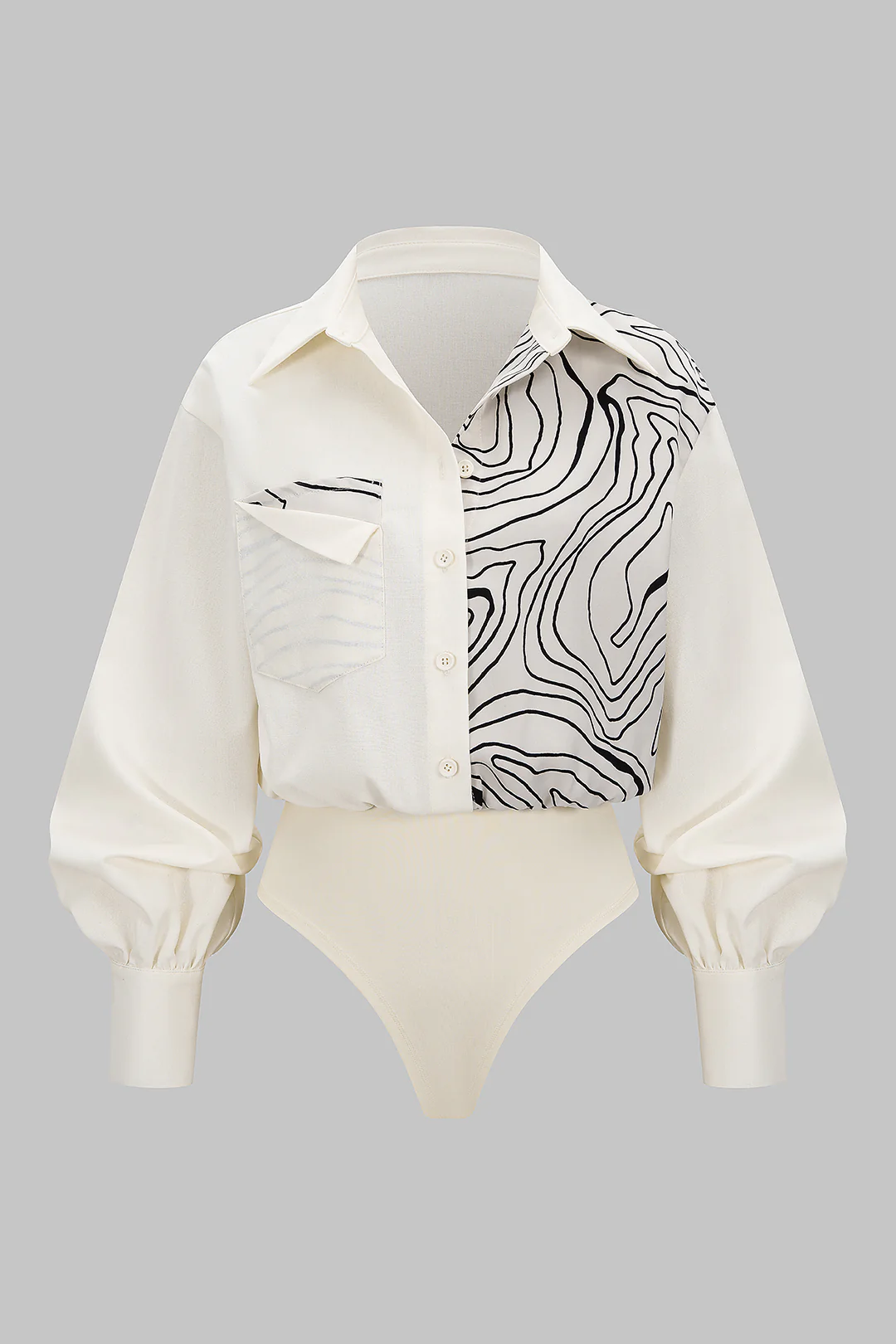 Abstract Print Patchwork Button Pocket Long Sleeve Bodysuit