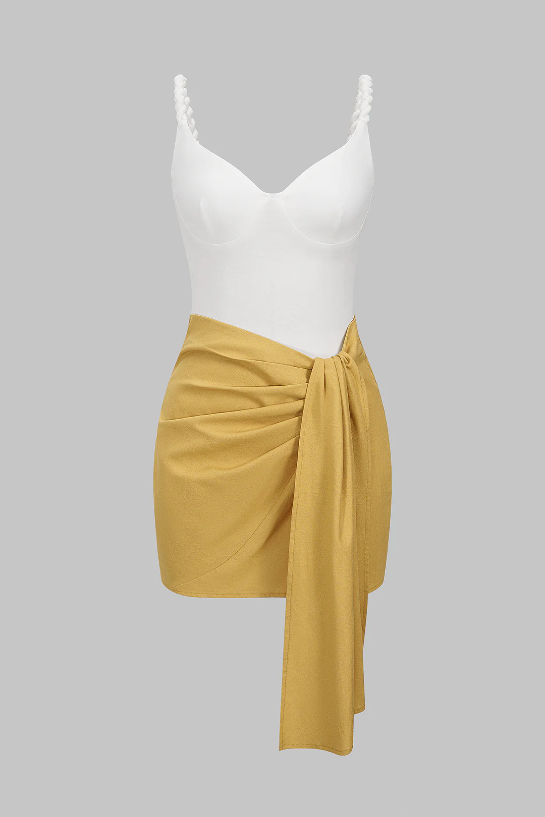 Linen Patchwork Twist Knot Ruched Sleeveless Bodysuit And Asymmetrical Tie-Up Skirt Set - Image 2