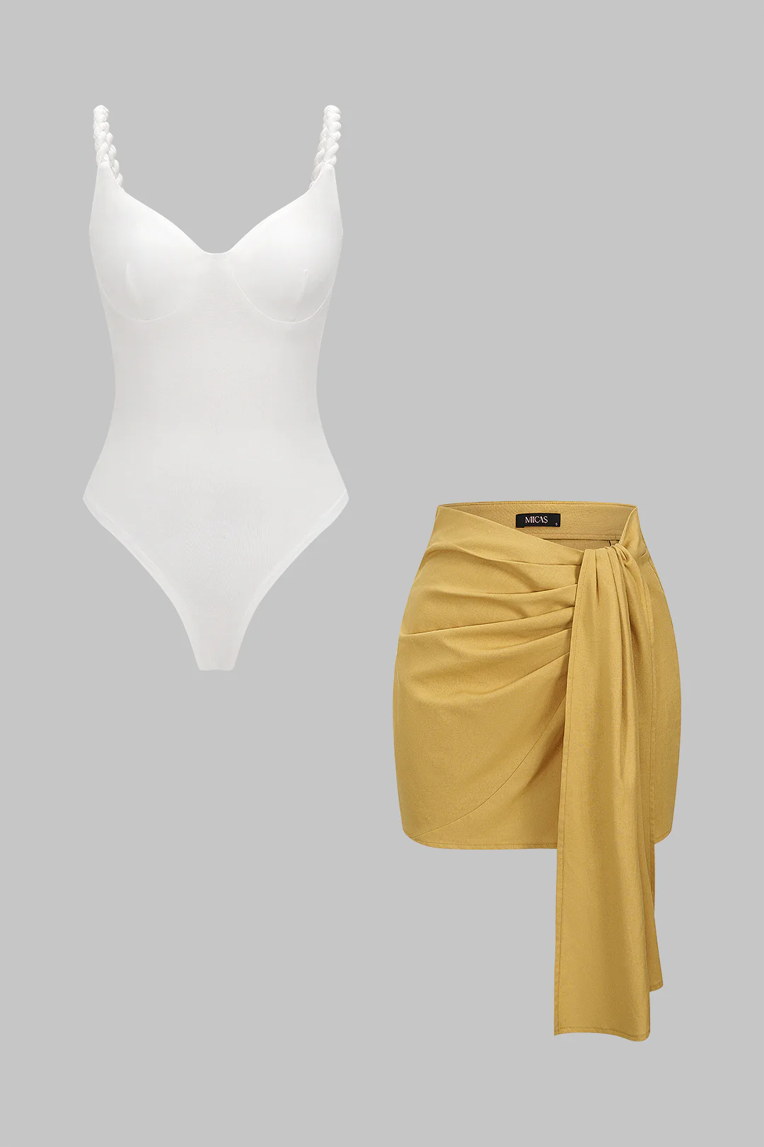 Linen Patchwork Twist Knot Ruched Sleeveless Bodysuit And Asymmetrical Tie-Up Skirt Set - Image 3
