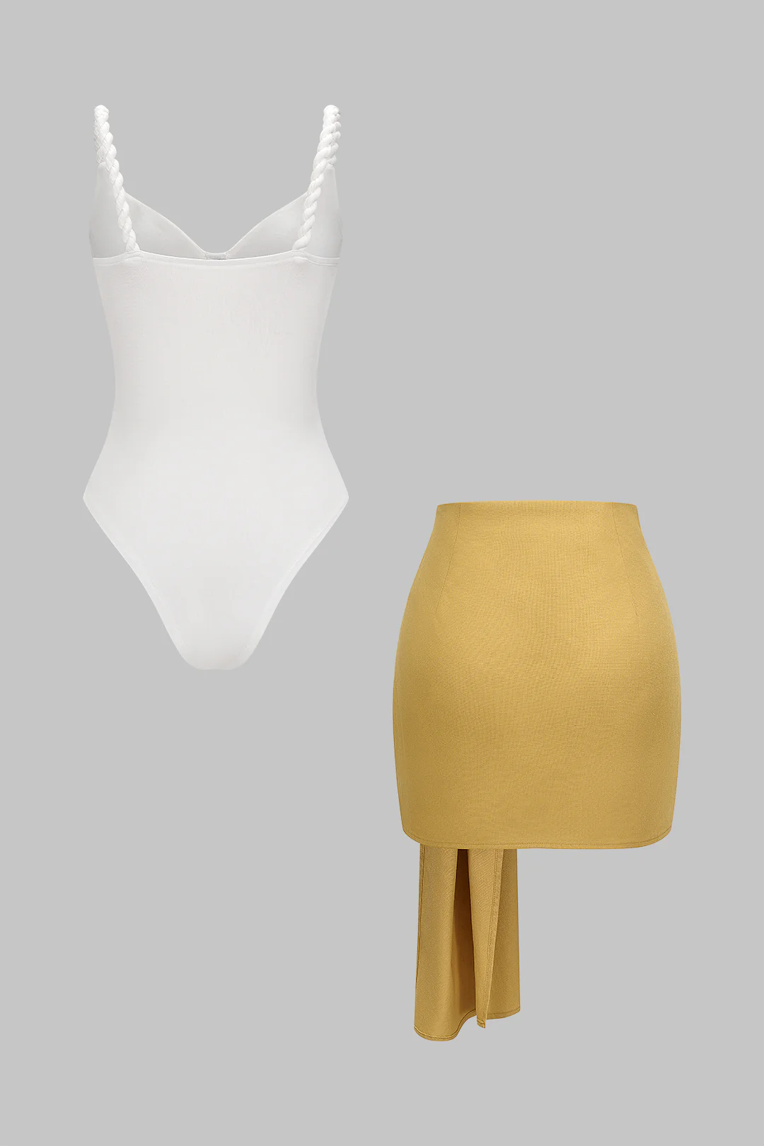 Linen Patchwork Twist Knot Ruched Sleeveless Bodysuit And Asymmetrical Tie-Up Skirt Set - Image 4