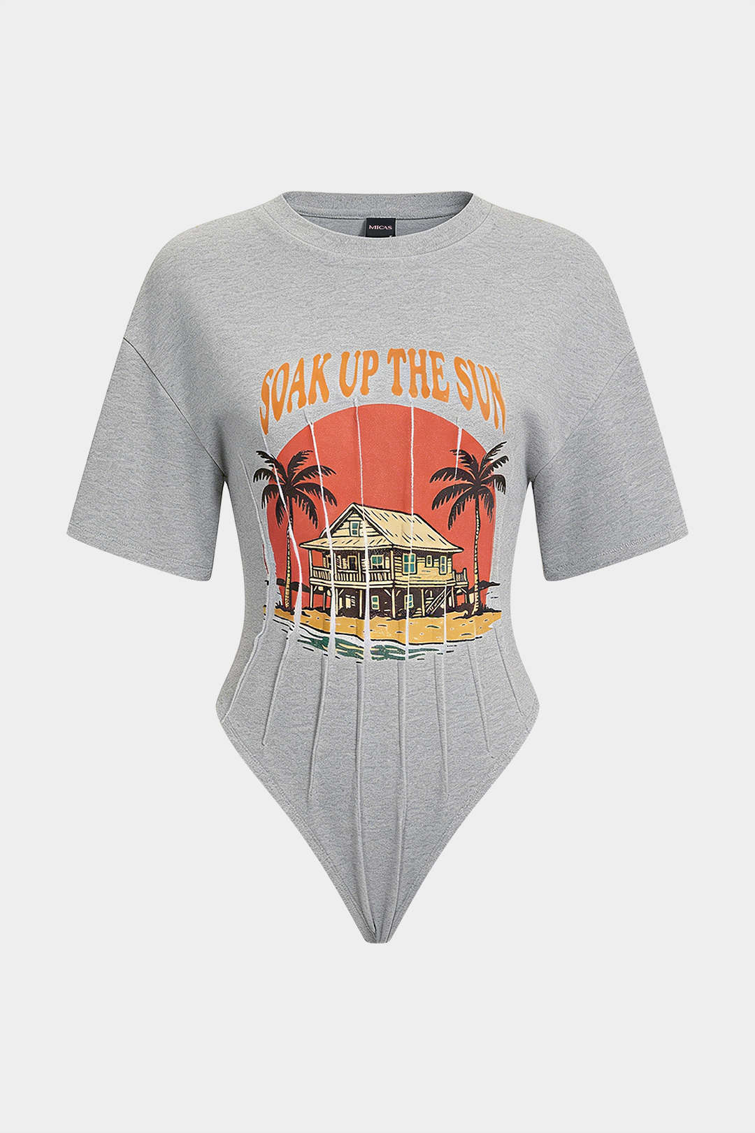 Coconut Palm Letter Print Round Neck Short Sleeve Bodysuit - Image 5