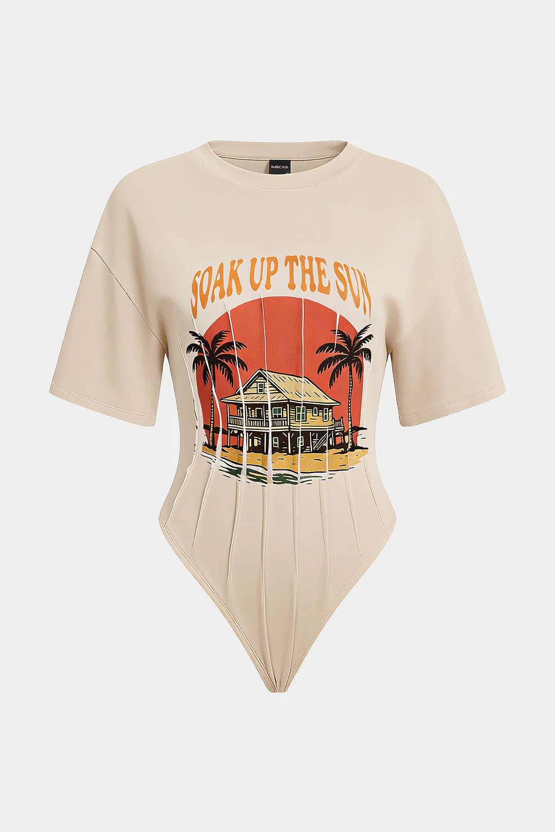 Coconut Palm Letter Print Round Neck Short Sleeve Bodysuit - Image 6