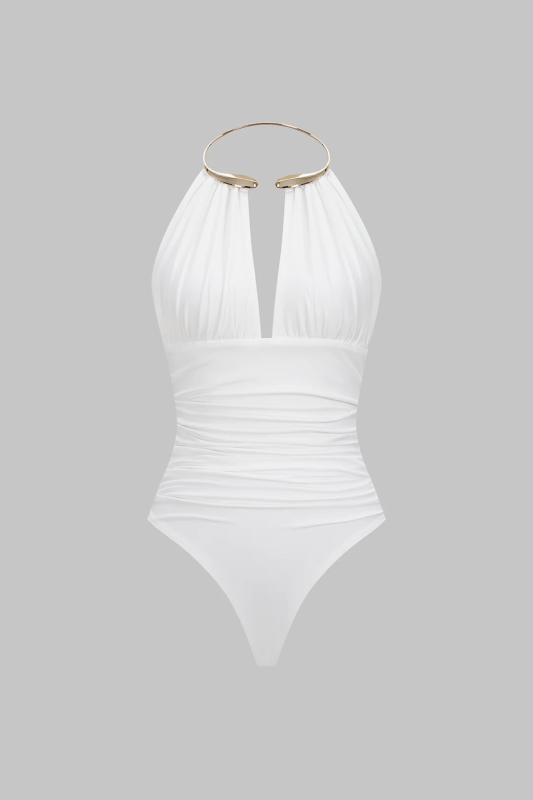 Metallic Decor Halter Neck Ruched Sleeveless Backless Bodysuit