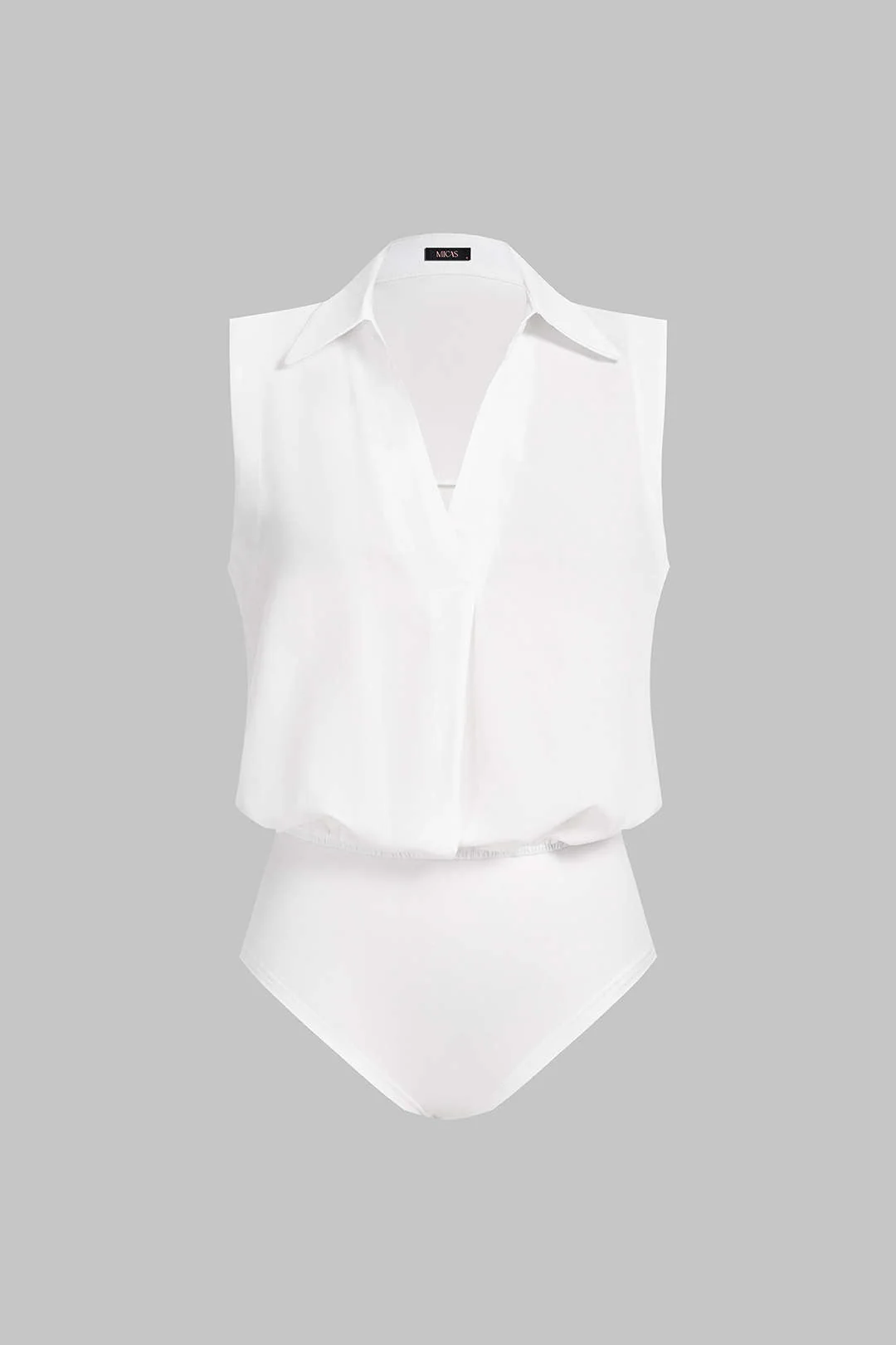 Solid Lapel V-Neck Sleeveless Bodysuit