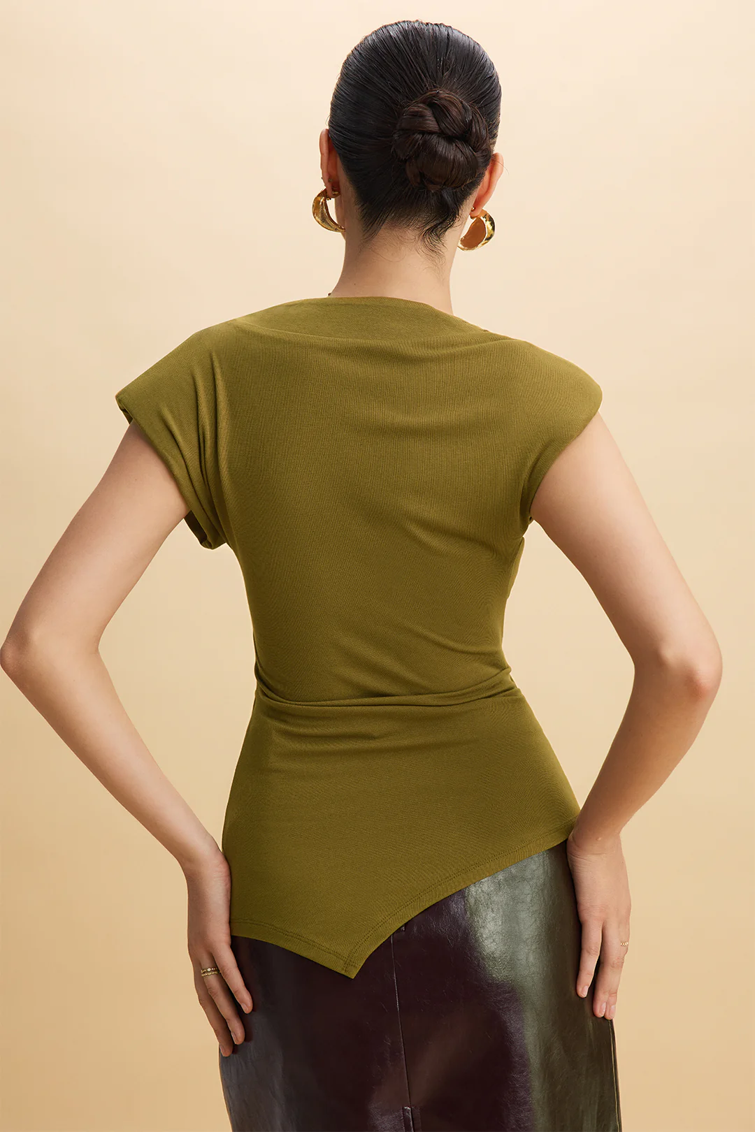 Asymmetrical Draped Cowl Neck Ruched Flutter Shoulder Pads Short Sleeve T-Shirt - Image 2