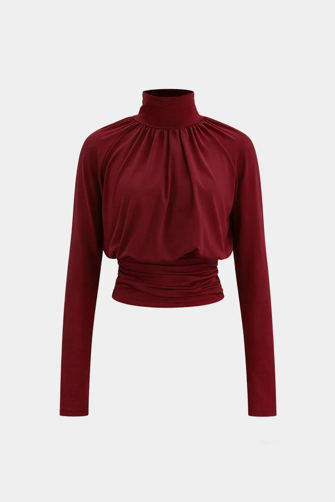 Basic Faux Leather High Collar Wrinkled Long Sleeve T-Shirt - Image 5