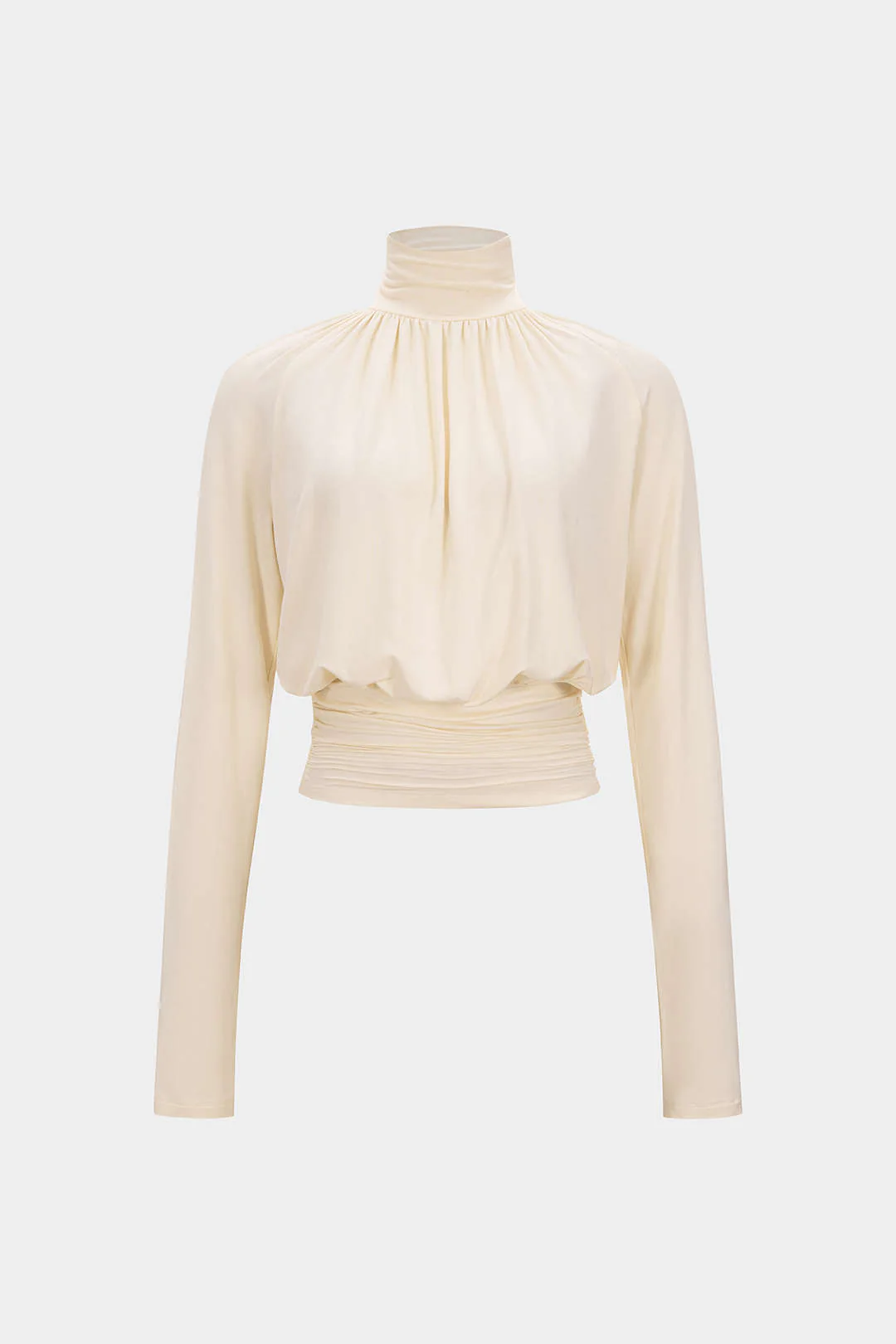 Basic Faux Leather High Collar Wrinkled Long Sleeve T-Shirt - Image 7