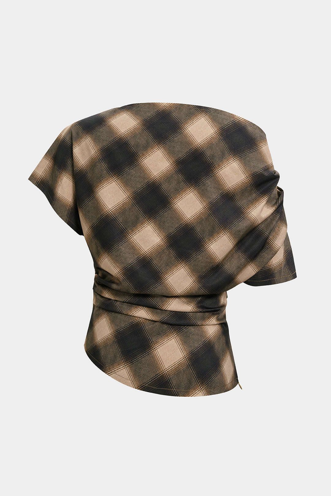 Plaid Print Frayed Edges Asymmetrical T-Shirt - Image 2