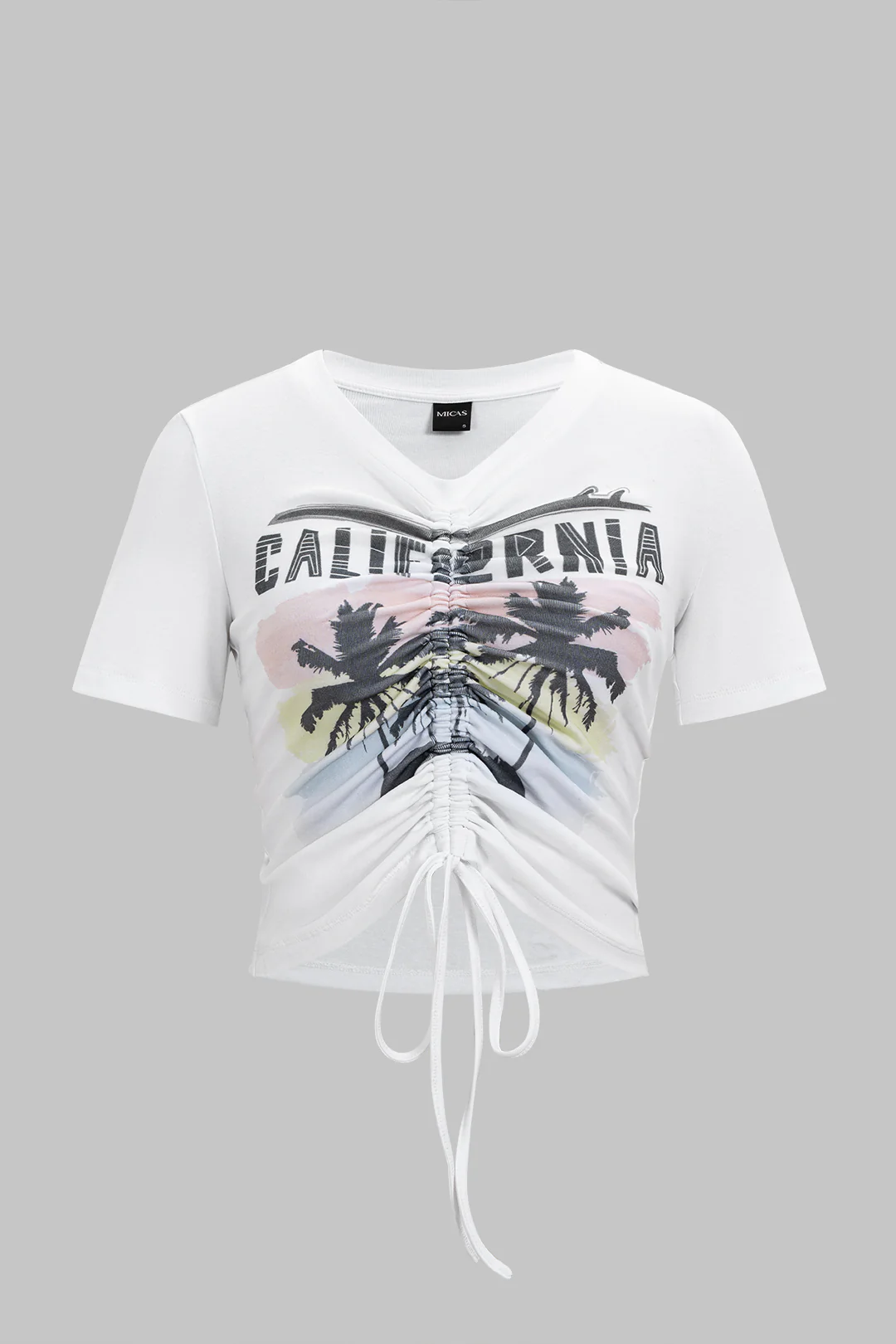 Coconut Palm Letter Print Round Neck Drawstring Ruched Short Sleeve T-Shirt