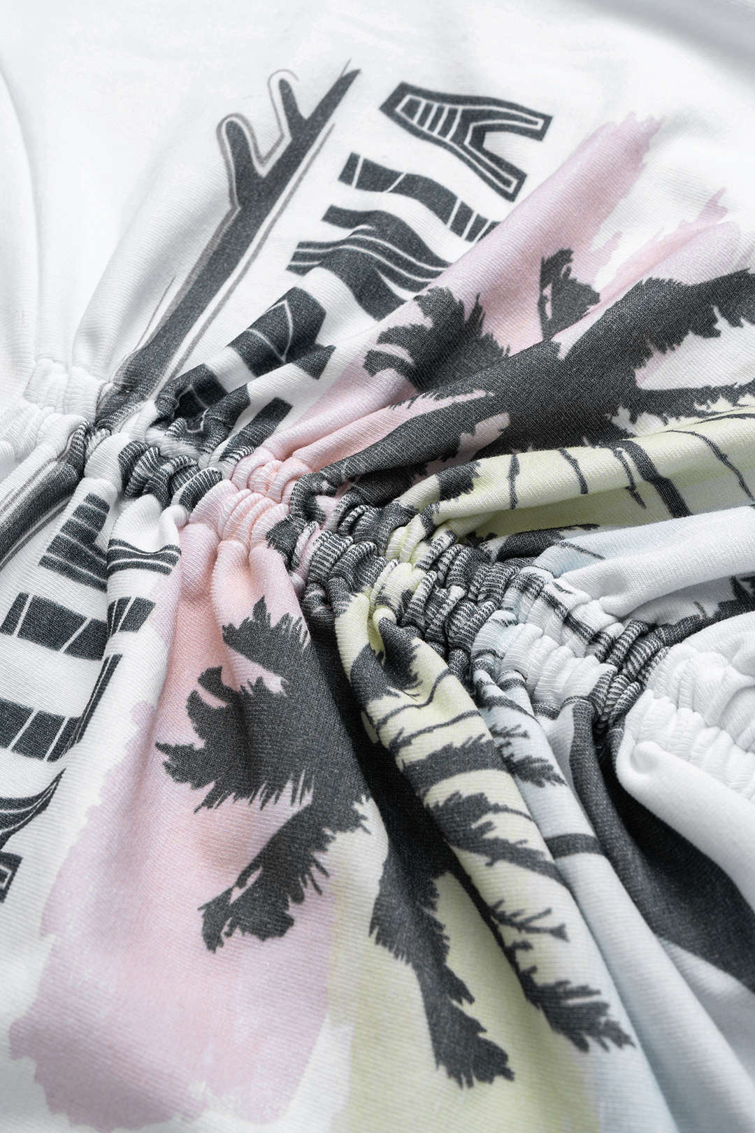 Coconut Palm Letter Print Round Neck Drawstring Ruched Short Sleeve T-Shirt - Image 3