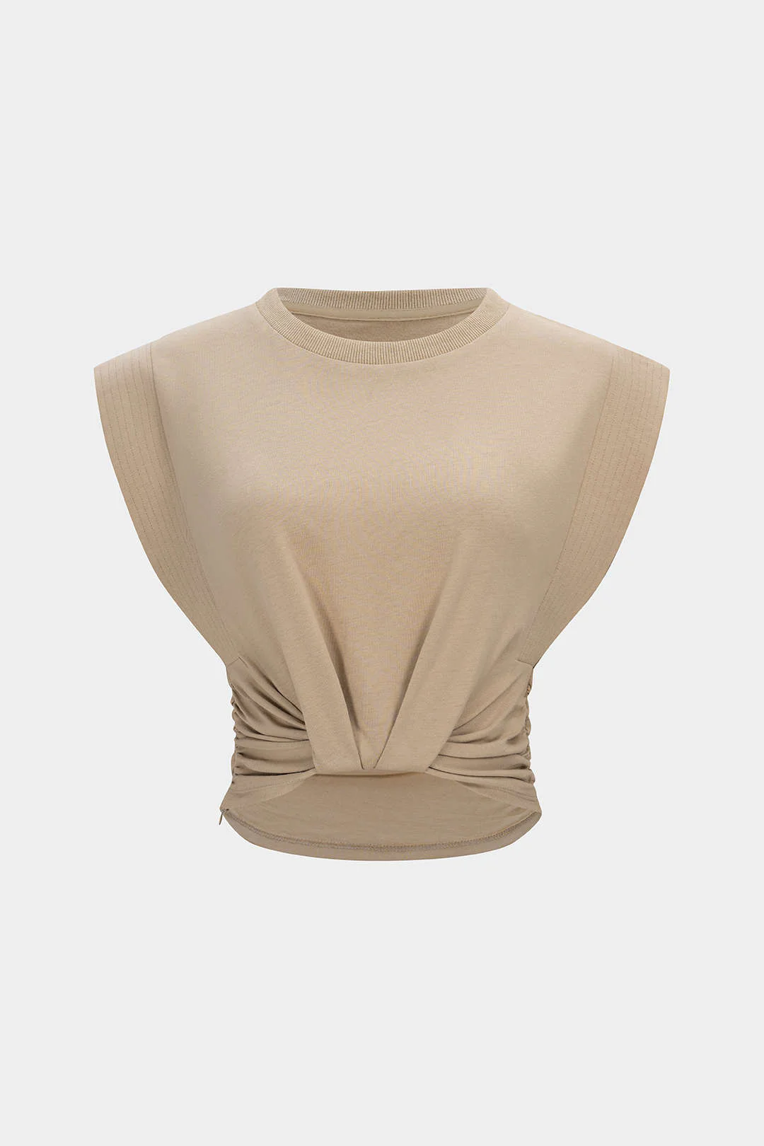Solid Round Neck Ruched Flutter Sleeve T-Shirt - Image 6