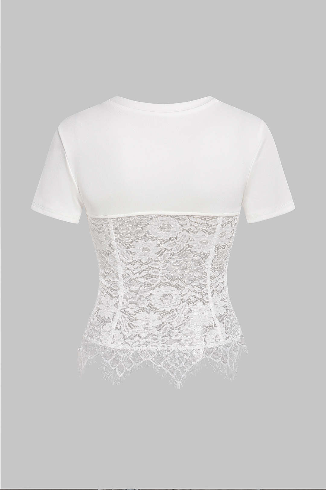 Lace Patchwork Round Sleeve Short Sleeve T-Shirt - Image 2