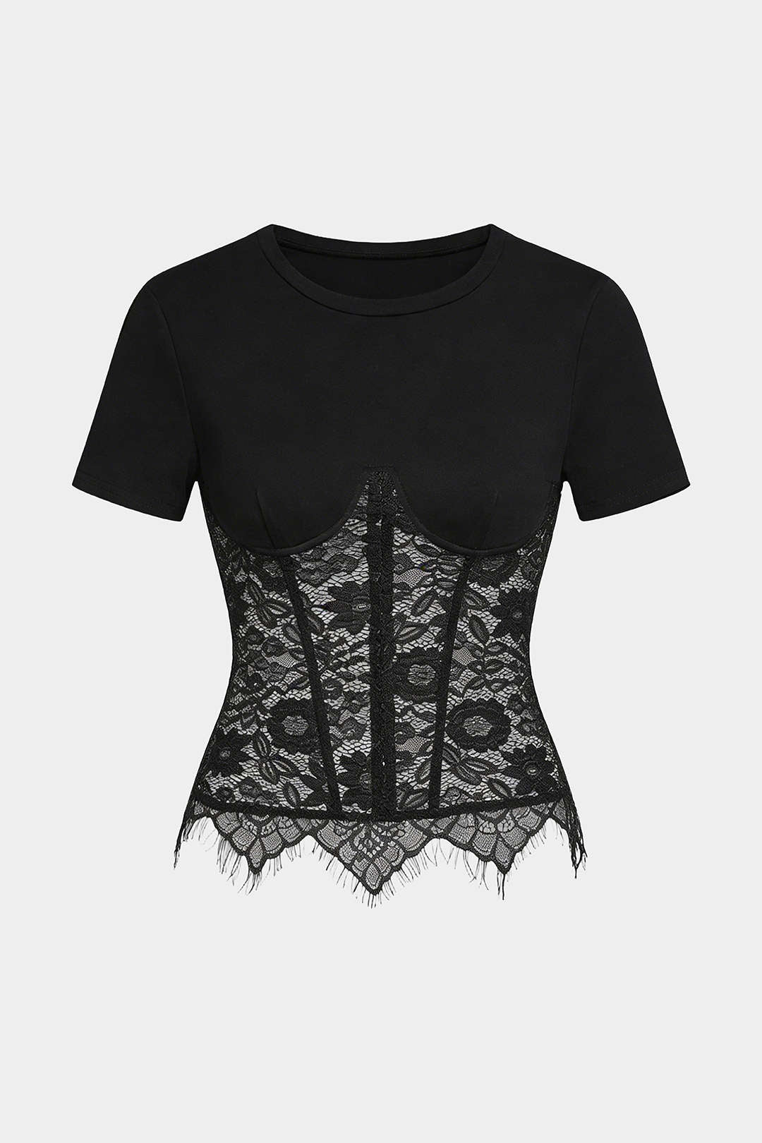 Lace Patchwork Round Sleeve Short Sleeve T-Shirt - Image 5