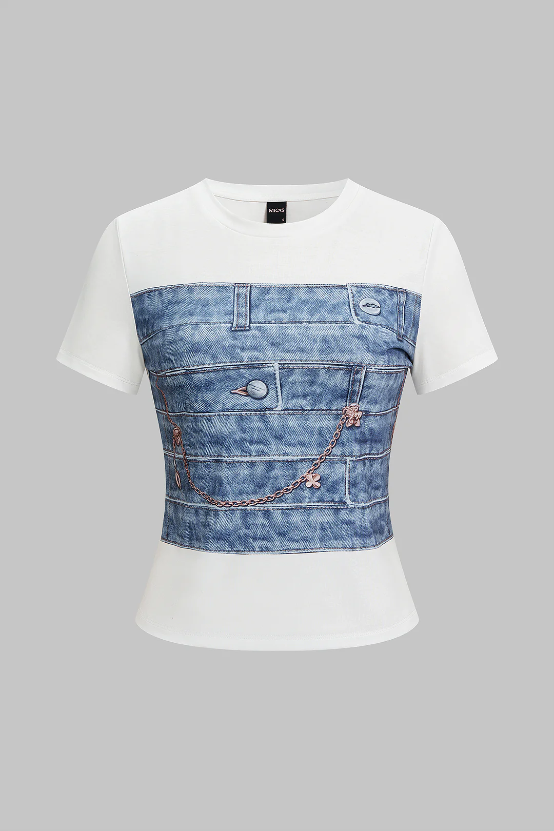 Denim Print Round Neck Short Sleeve T-Shirt