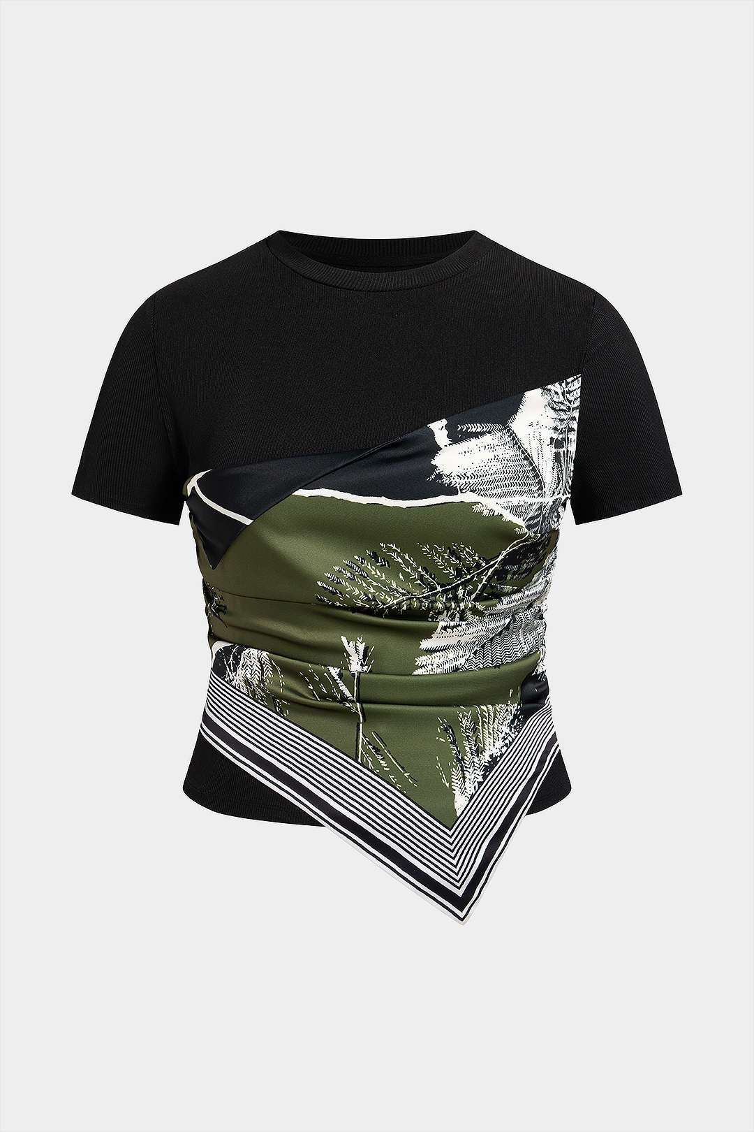 Plus Size Floral Print Patchwork Round Neck Short Sleeve T-Shirt