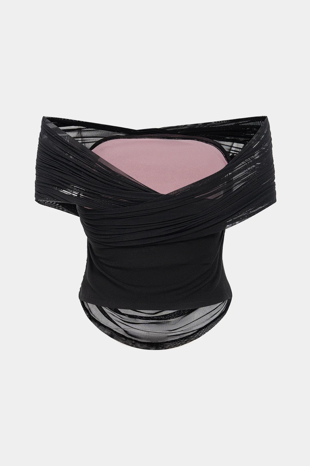 Mesh Patchwork Off Shoulder Crossed Ruched Short Sleeve T-Shirt - Image 2