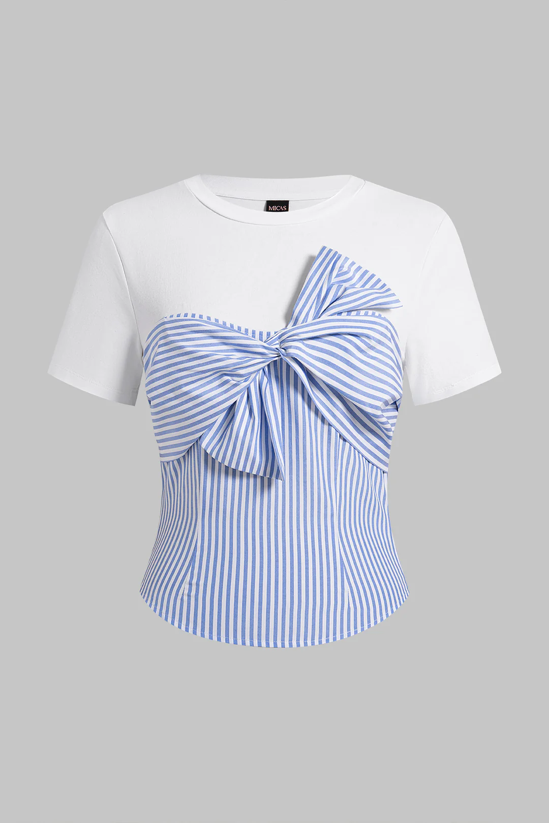 Stripes Print Patchwork Knotted Short Sleeve T-Shirt