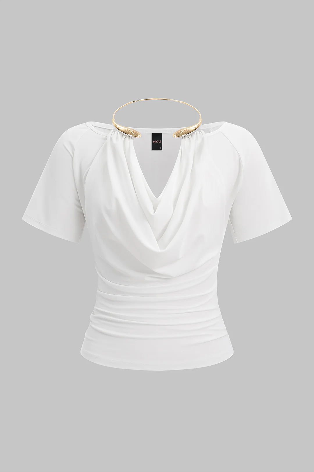 Metallic Draped Cowl Neck Short Sleeve T-Shirt