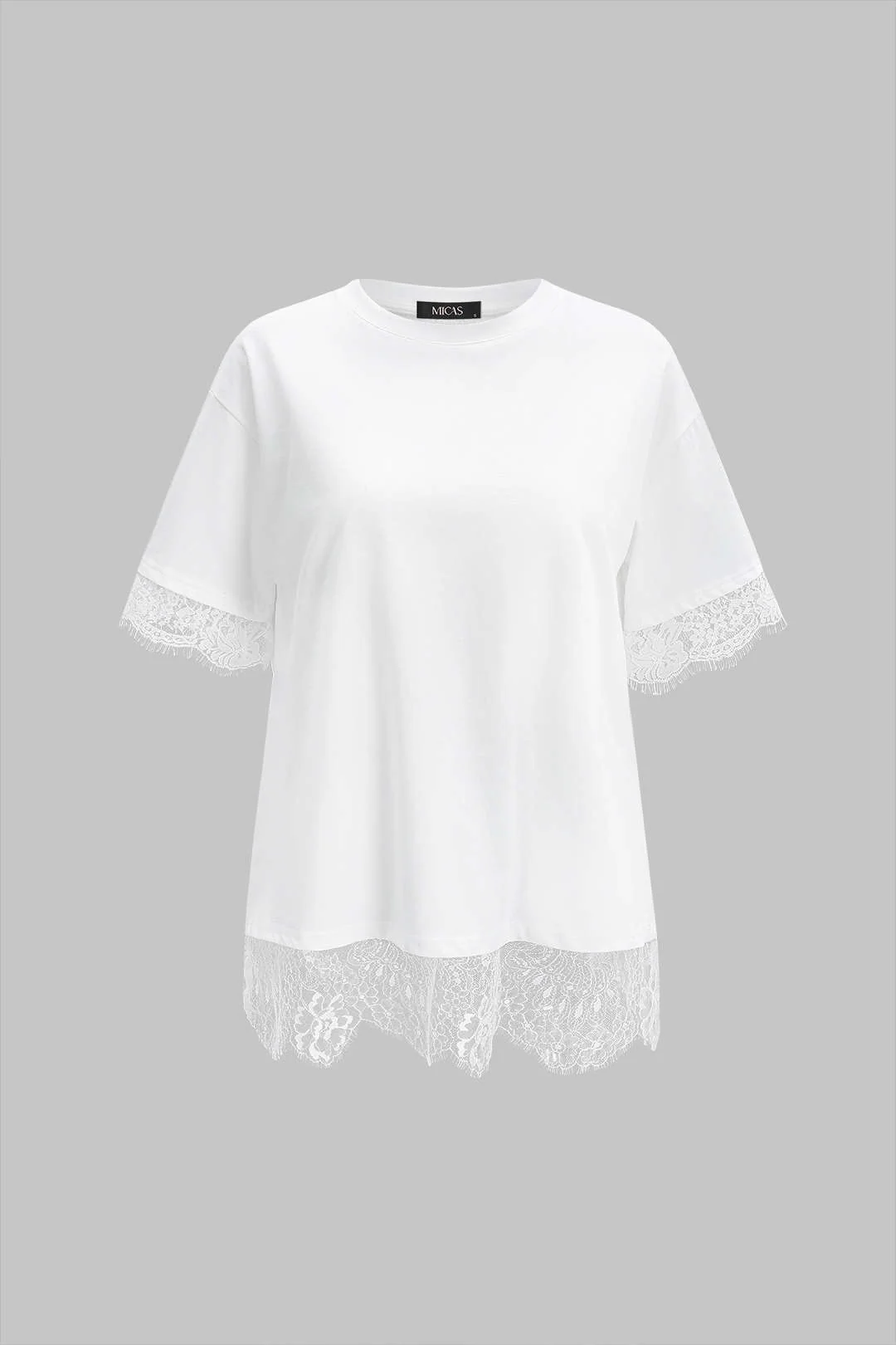 Solid Lace Patchwork Round Neck Short Sleeve T-Shirt - Image 3