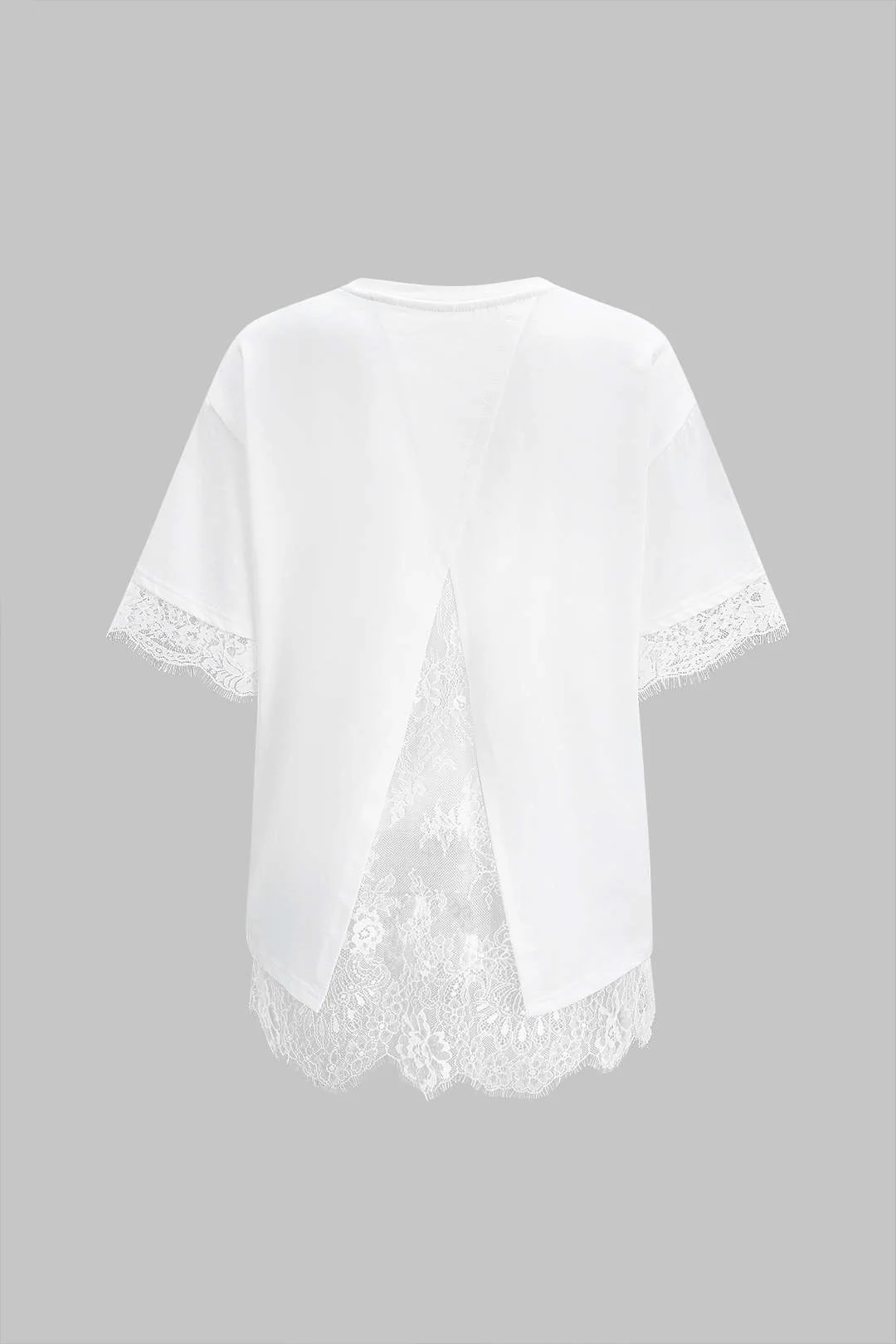 Solid Lace Patchwork Round Neck Short Sleeve T-Shirt - Image 4