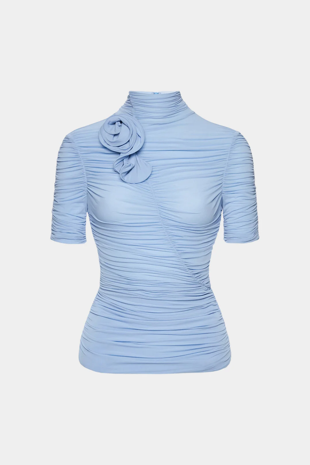 3D Flower Mock Neck Ruched Zipper Short Sleeve T-shirt