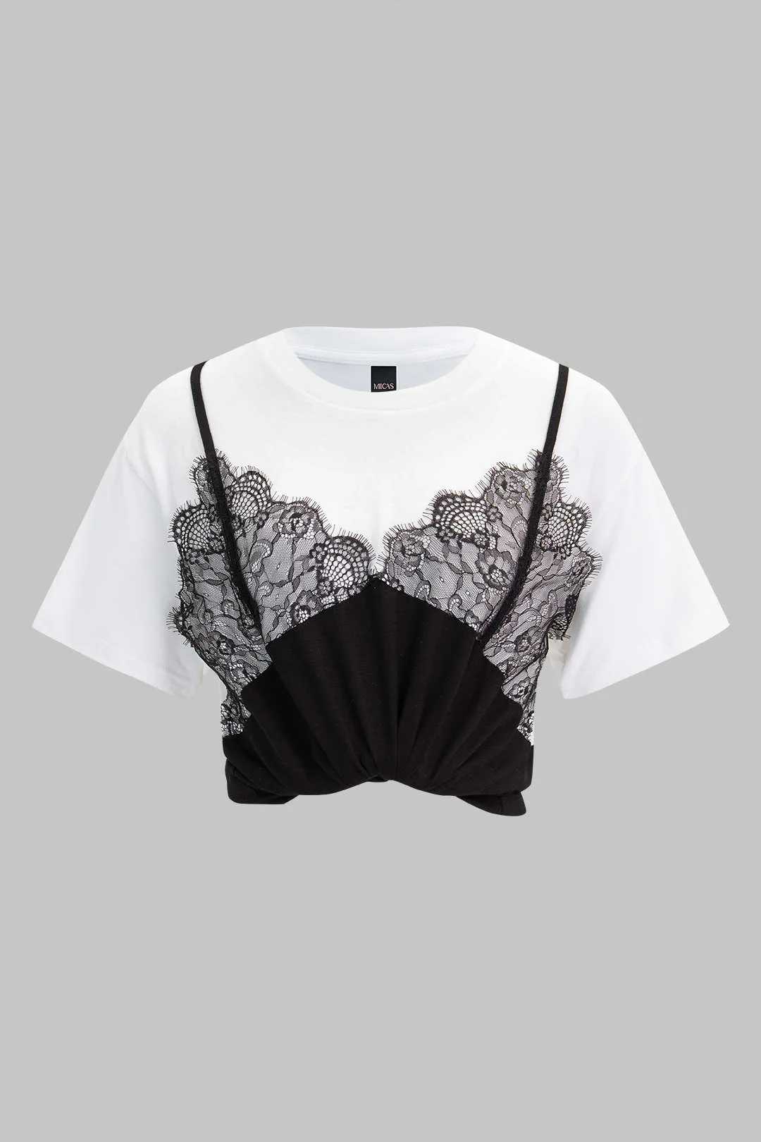 Contrast Lace Patchwork Round Neck Short Sleeve T-Shirt - Image 3