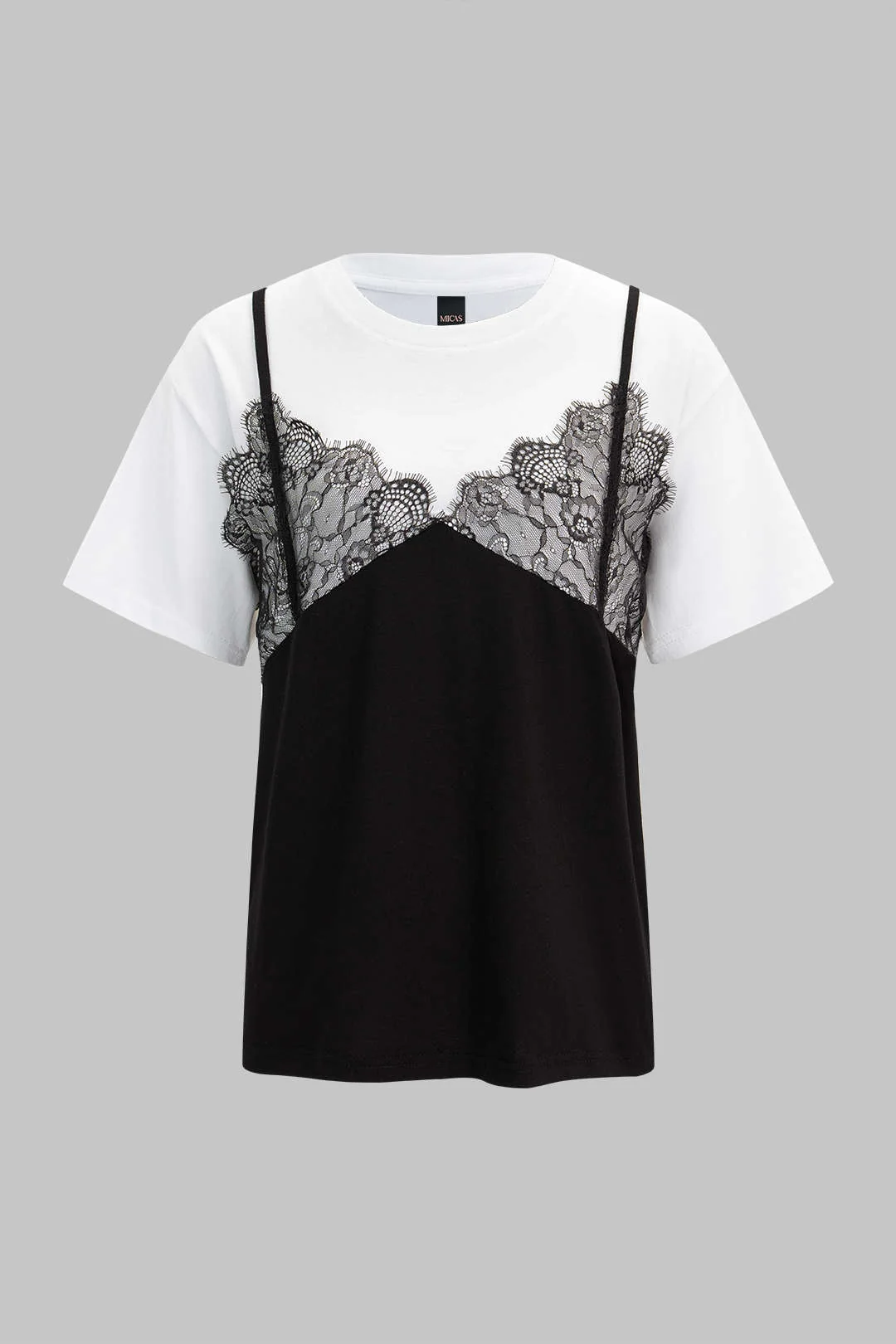Contrast Lace Patchwork Round Neck Short Sleeve T-Shirt - Image 4