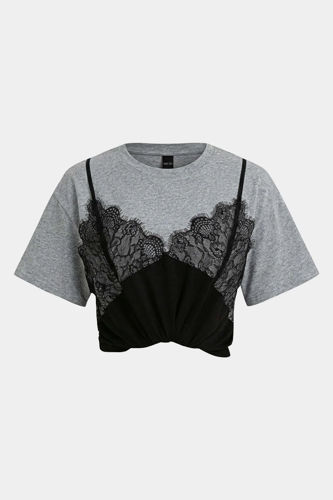Contrast Lace Patchwork Round Neck Short Sleeve T-Shirt - Image 8