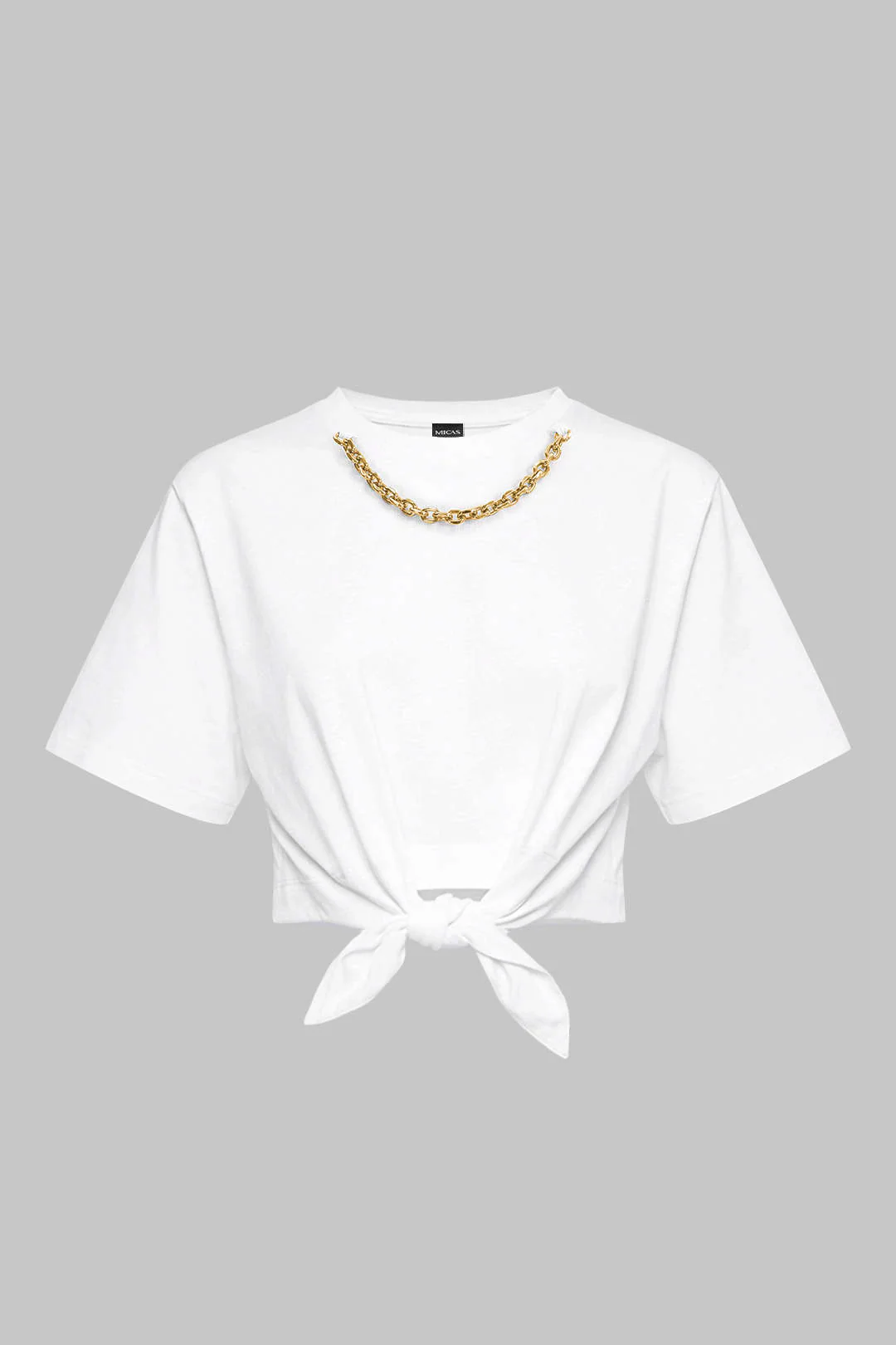 Metallic Chain Round Neck Tie-Up Short Sleeve T-Shirt