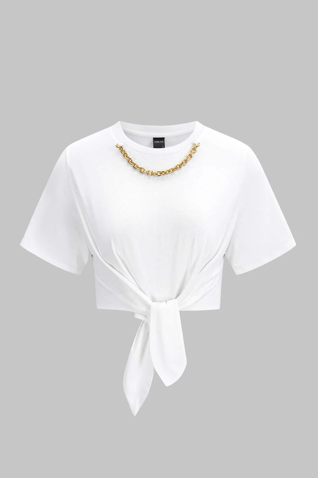 Metallic Chain Round Neck Tie-Up Short Sleeve T-Shirt - Image 2