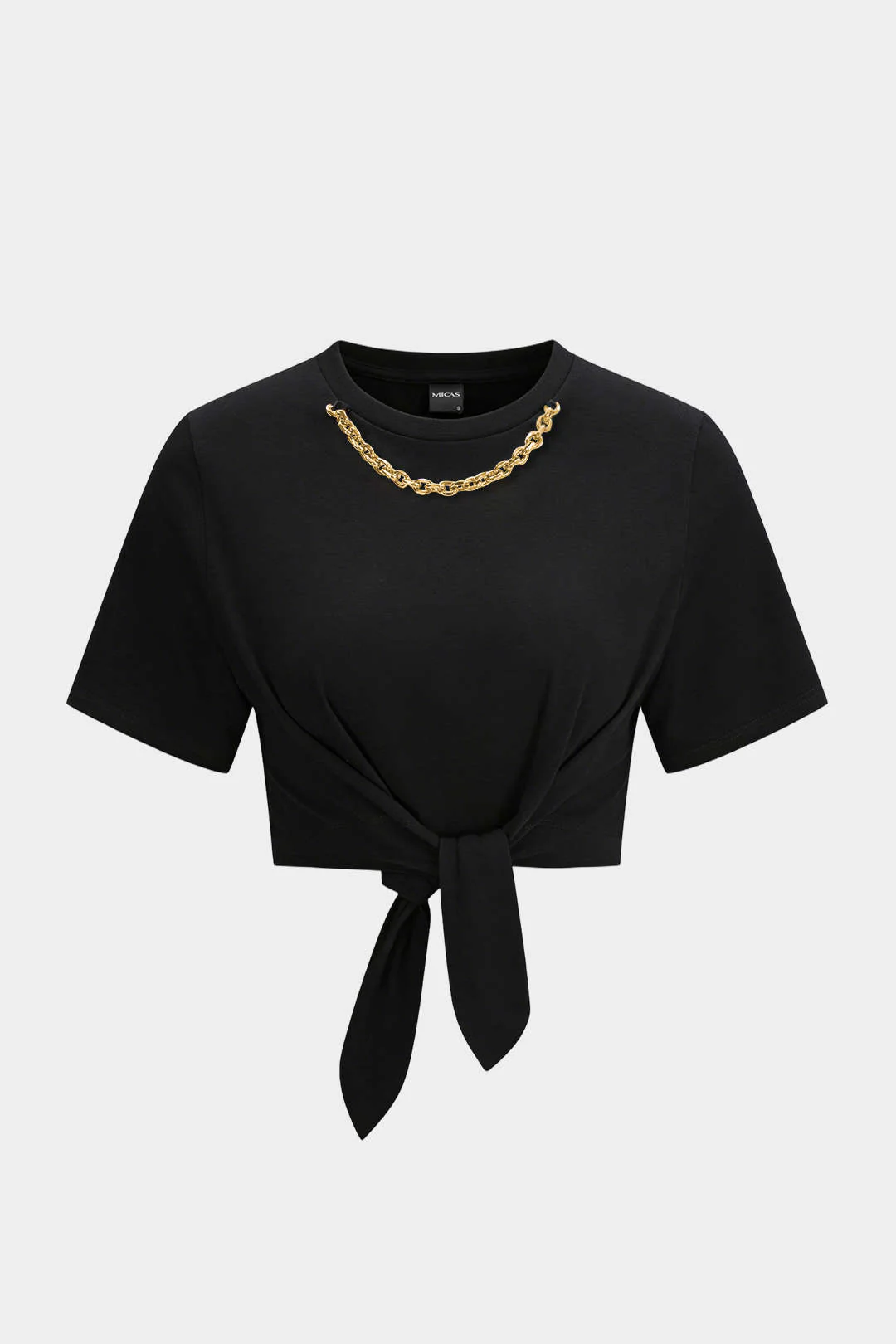 Metallic Chain Round Neck Tie-Up Short Sleeve T-Shirt - Image 5