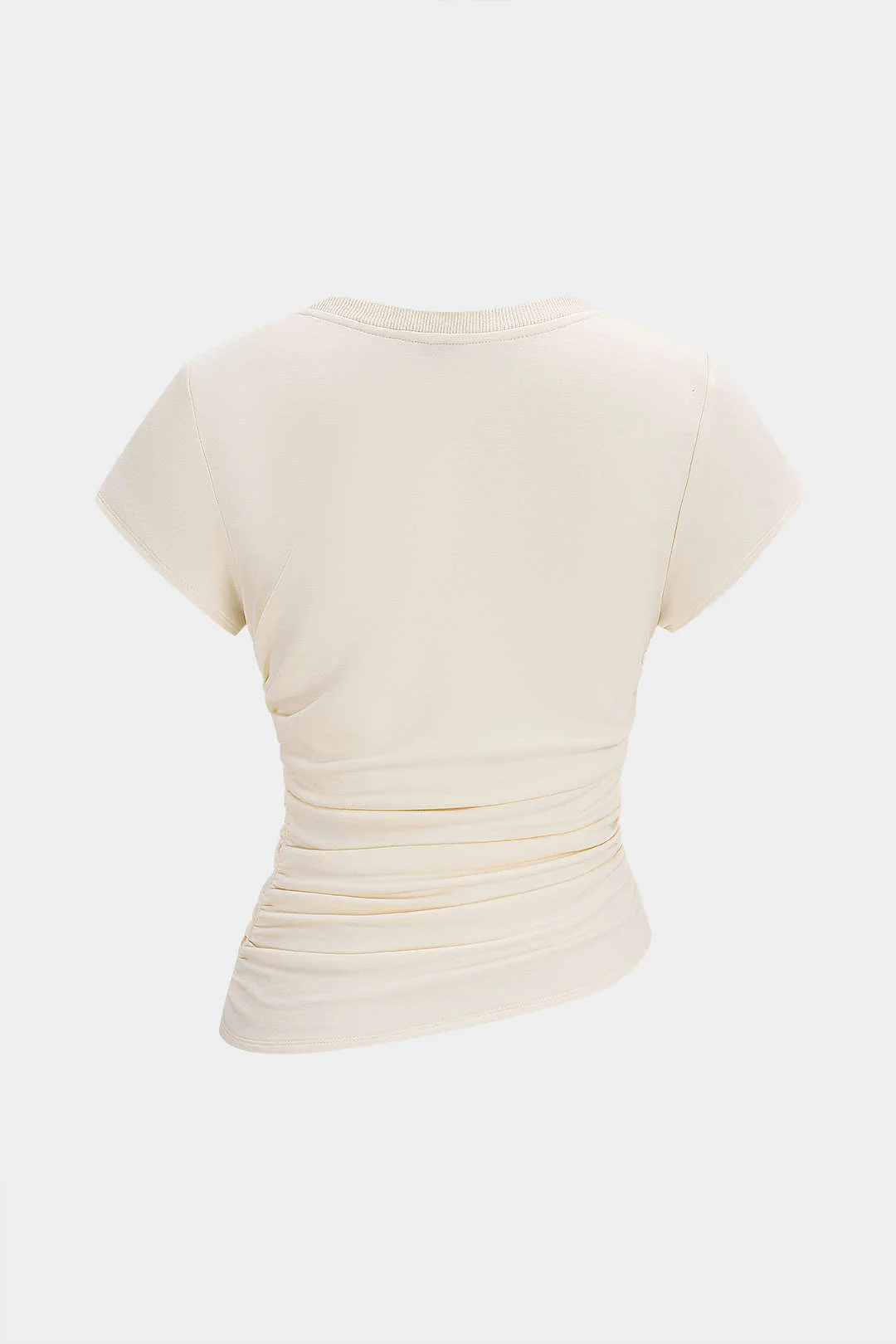 Solid Round Neck Asymmetrical Ruched Twist Knot Short Sleeve T-Shirt - Image 2