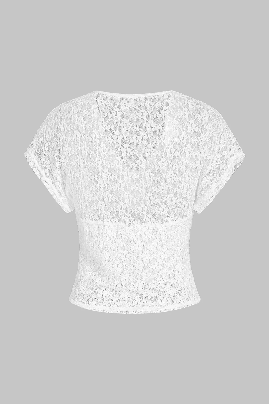 Lace V-Neck Hollow Out Short Sleeve T-Shirt - Image 2