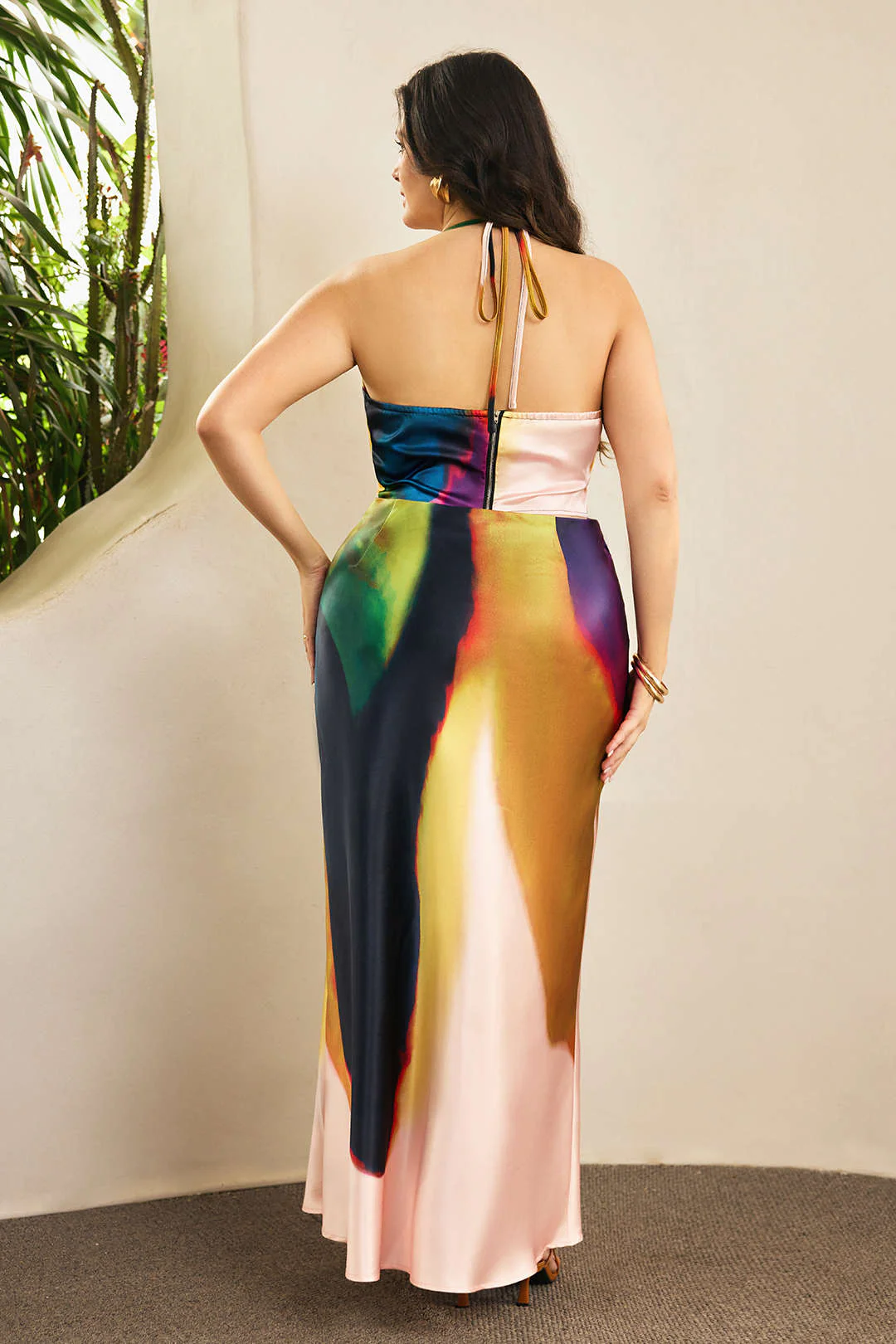 Plus Size Ombre Print Satin Zipper Tie-Up Cami Top - Image 8