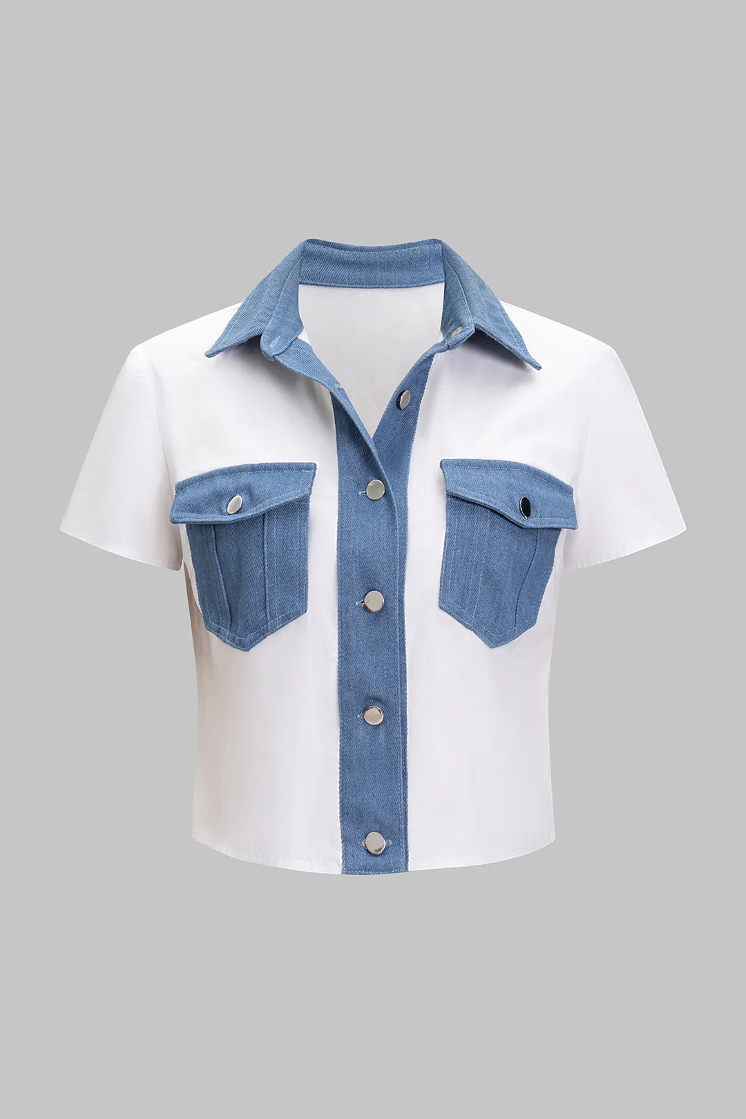 Denim Patchwork Button Pocket Short-Sleeve Shirt