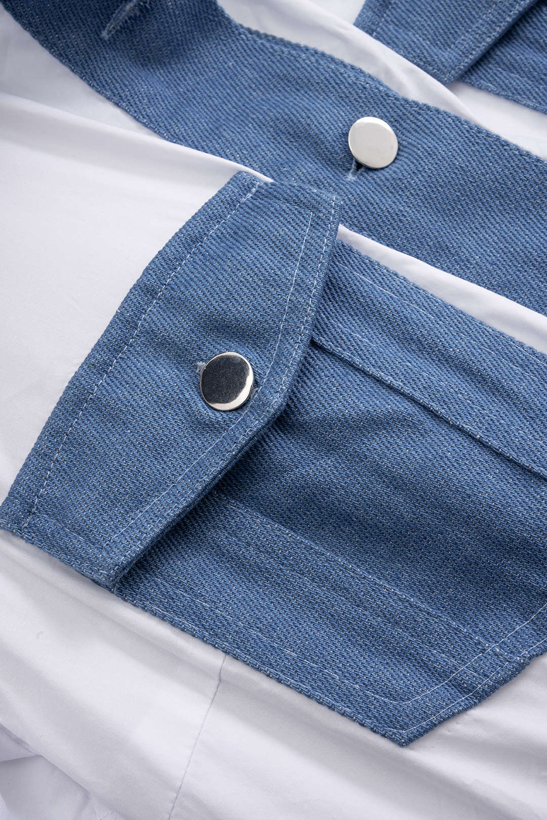 Denim Patchwork Button Pocket Short-Sleeve Shirt - Image 3