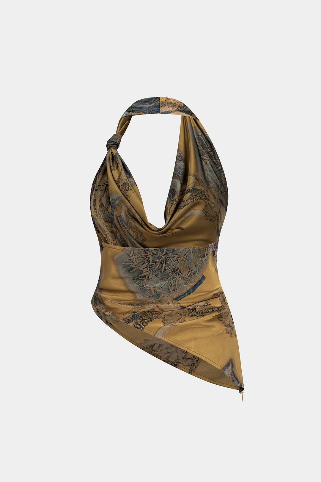 Retro Print Satin Halter Neck Draped Cowl Neck Cami Top - Image 2