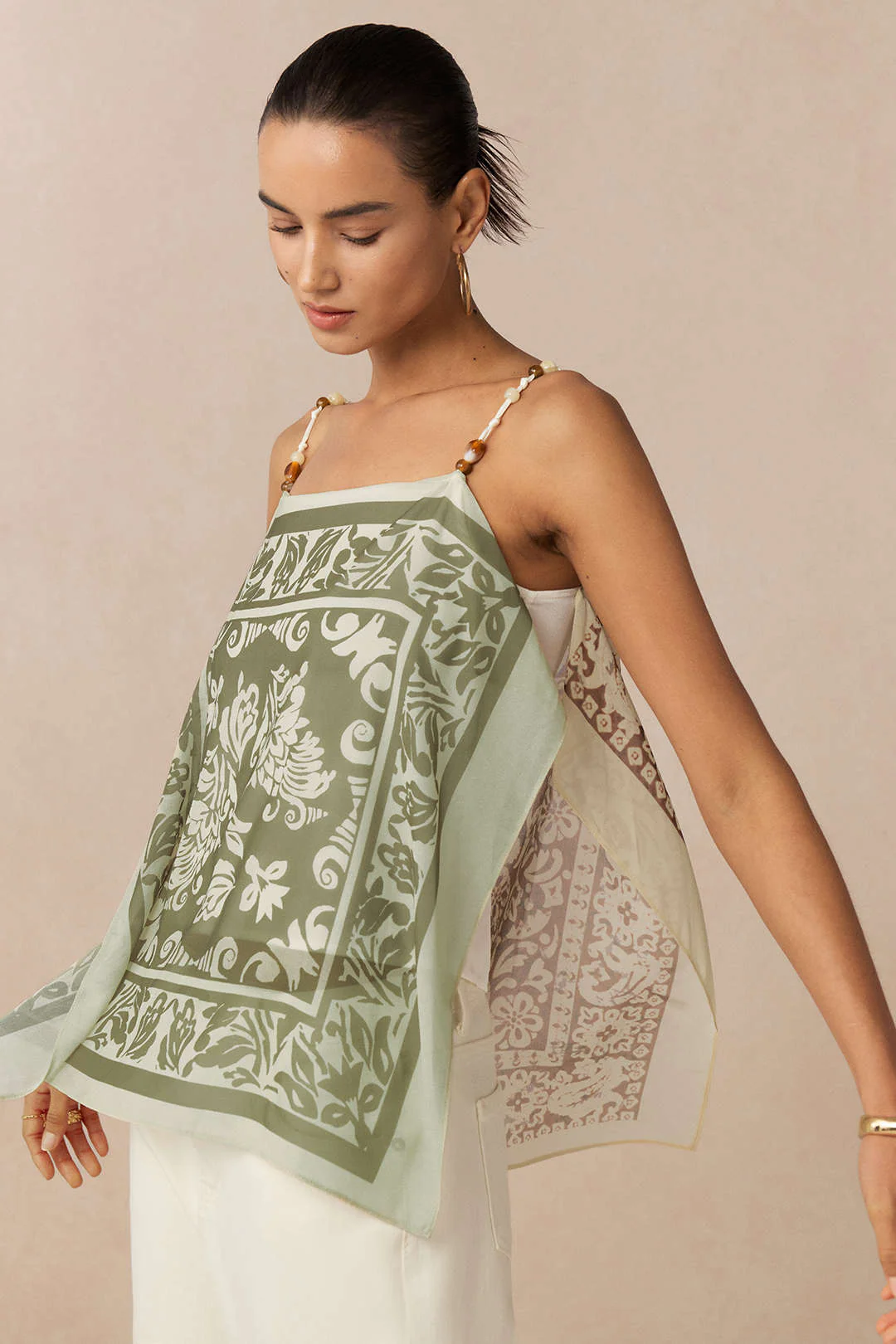 Artistic Print Satin Patchwork Chiffon Beaded Cami Top