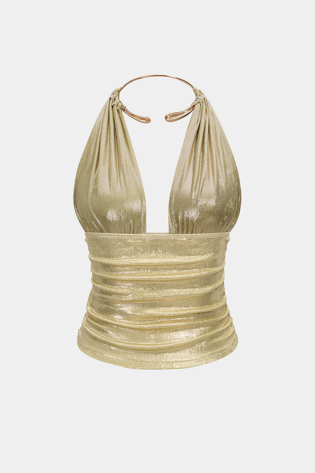 Metallic Ring Halter Backless Ruched Top - Image 2