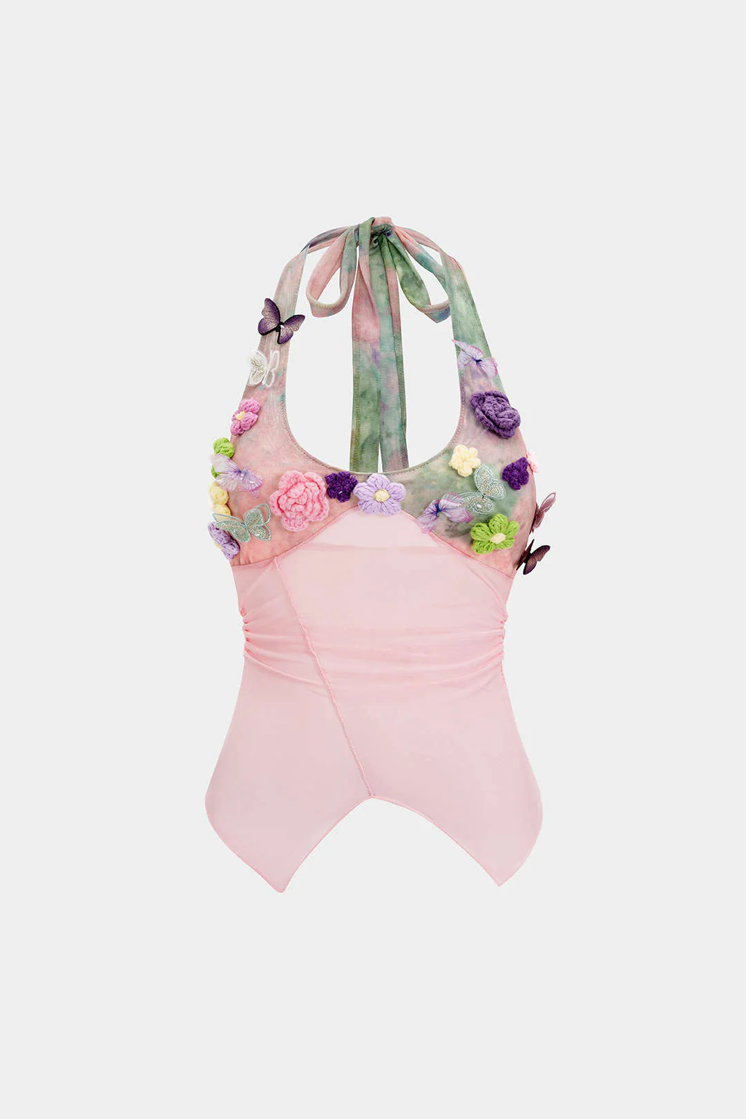 Tie Dye Print Mesh 3D Floral Halter Neck Tie-Up Cami Top